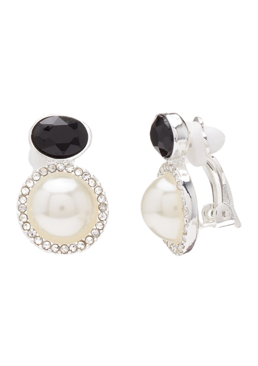 Jet Black Stone and Pearl Clip Earrings