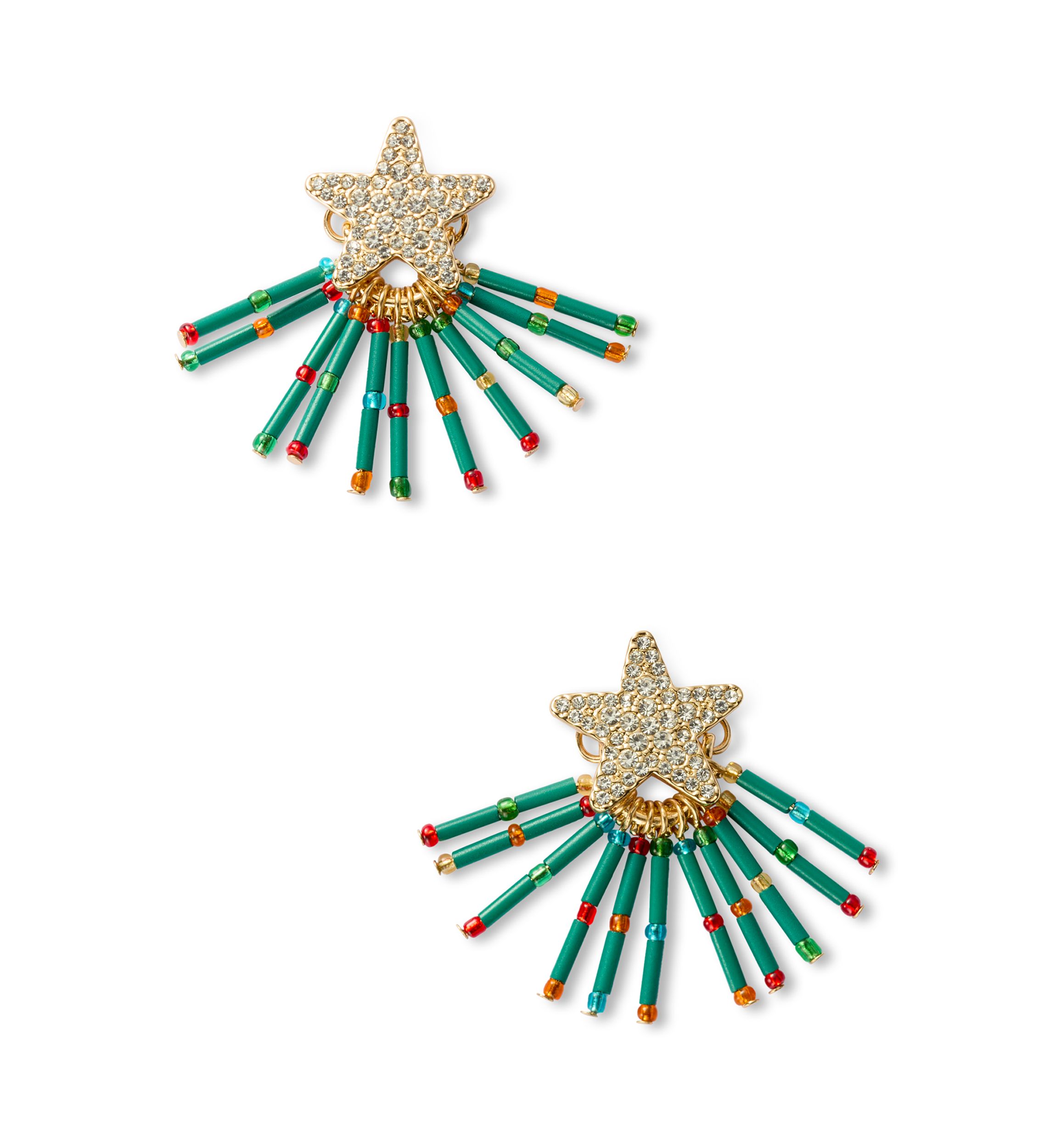 Gold Tone Beaded Christmas Tree Earrings