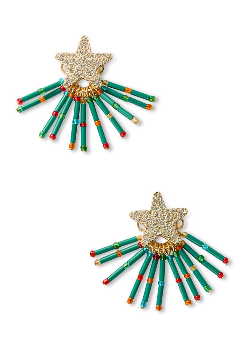 Gold Tone Beaded Christmas Tree Earrings
