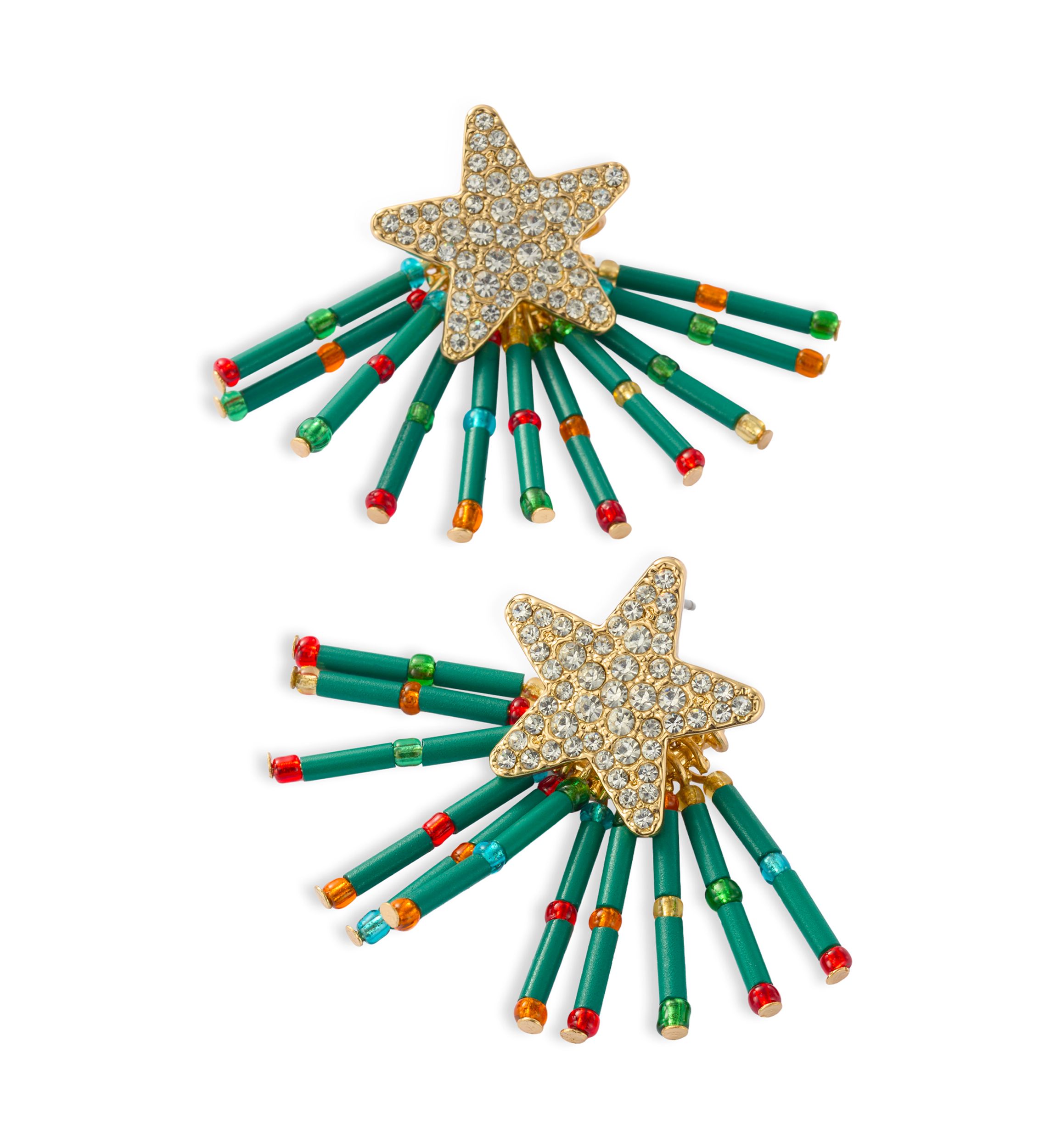 Gold Tone Beaded Christmas Tree Earrings