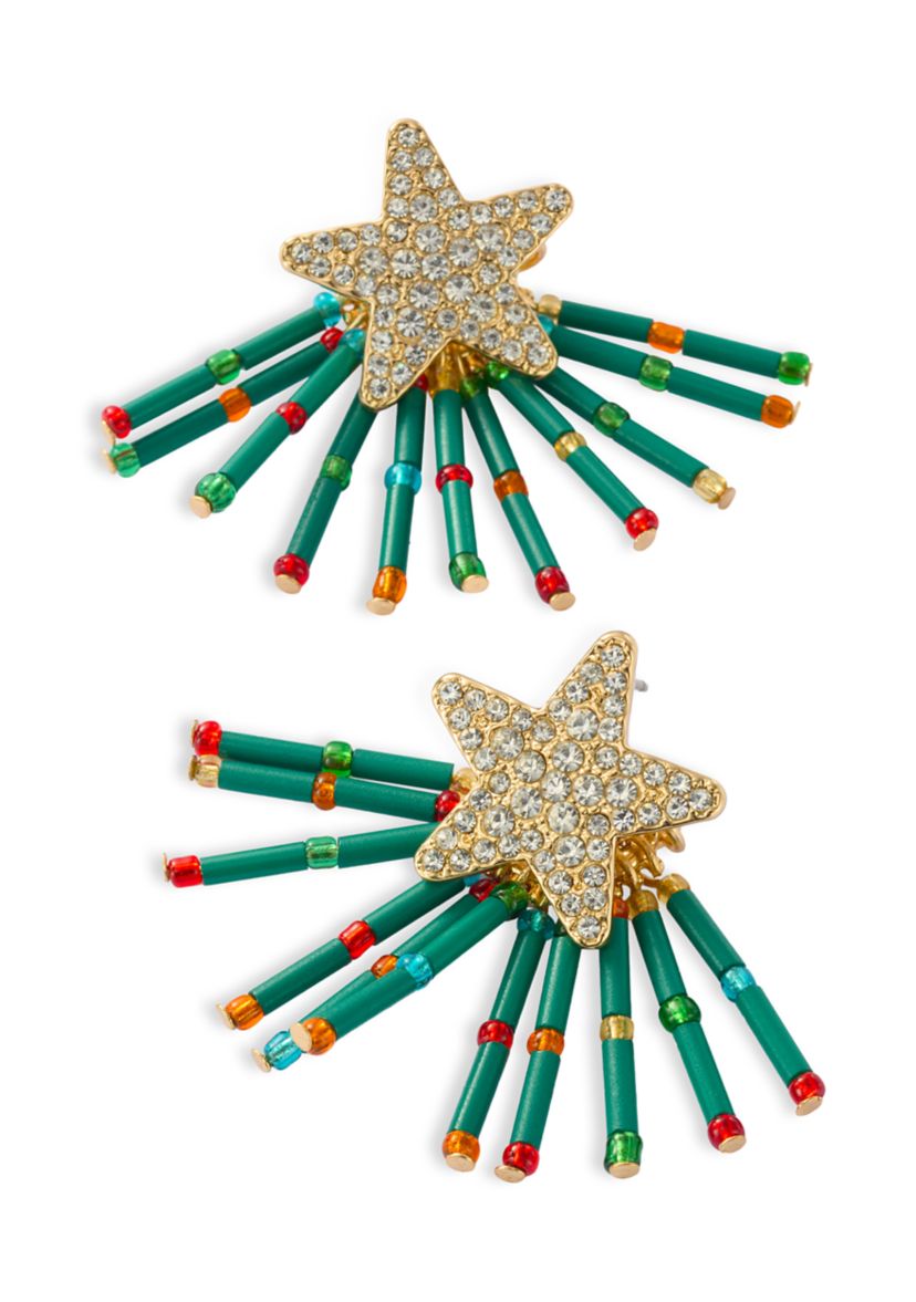 Gold Tone Beaded Christmas Tree Earrings