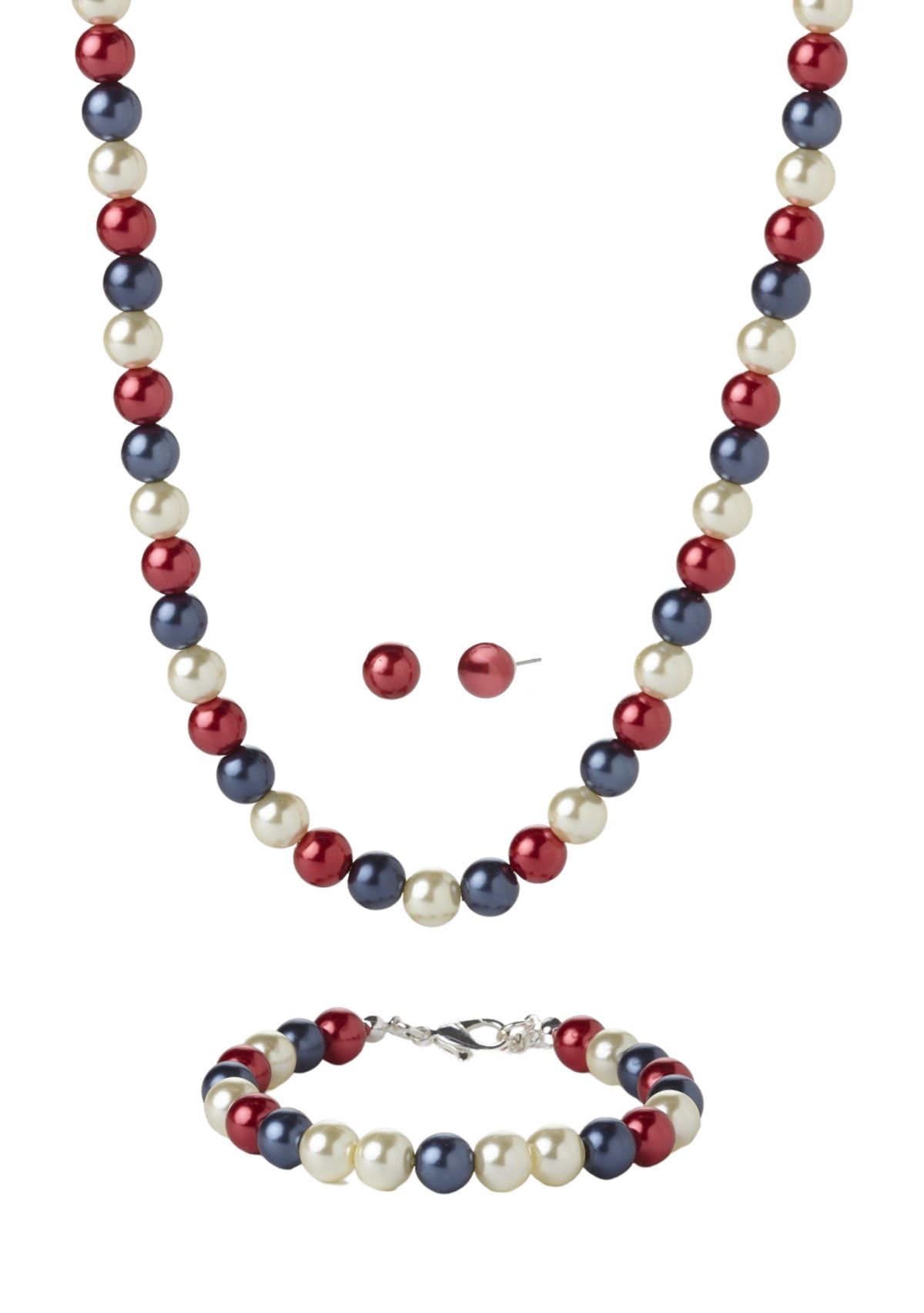 Silver Tone 8 Millimeter Red White Blue Pearl Stud and Collar Necklace and Earrings Set