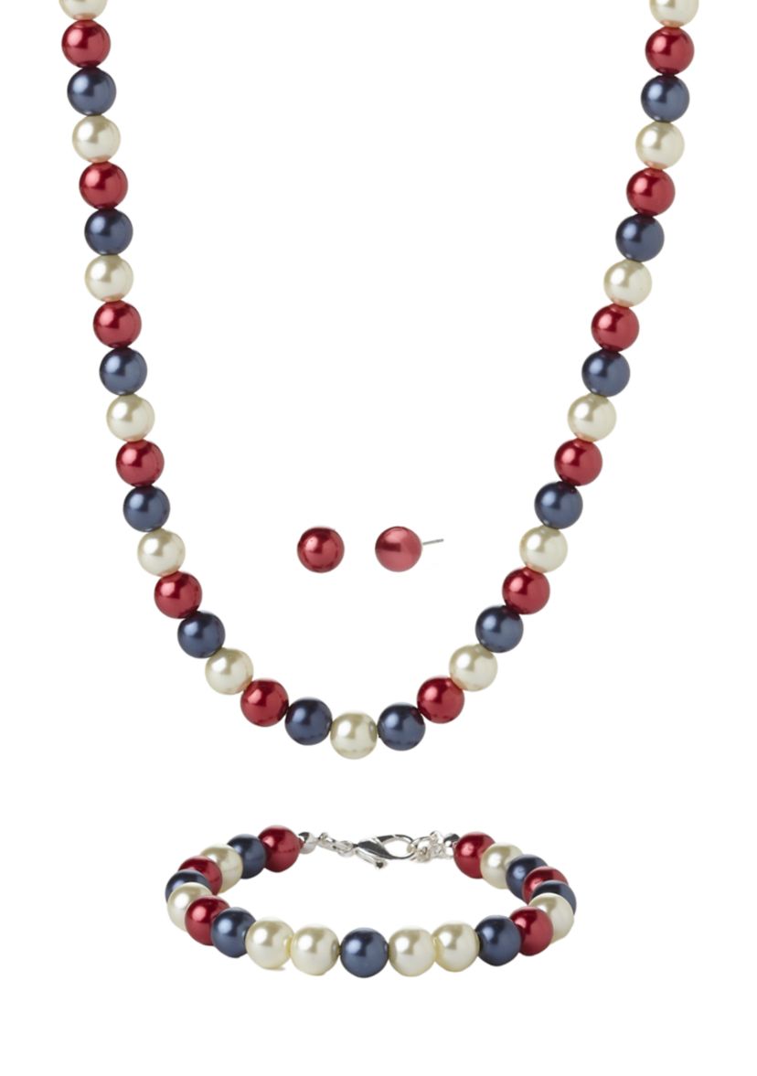 Silver Tone 8 Millimeter Red White Blue Pearl Stud and Collar Necklace and Earrings Set