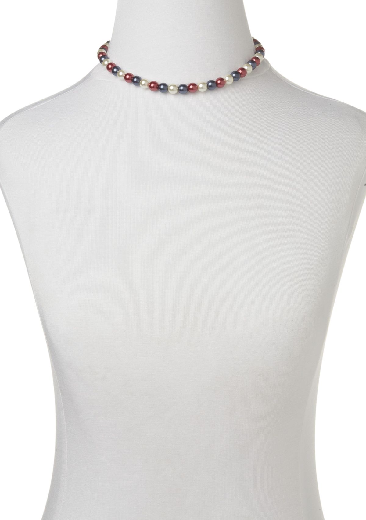Silver Tone 8 Millimeter Red White Blue Pearl Stud and Collar Necklace and Earrings Set