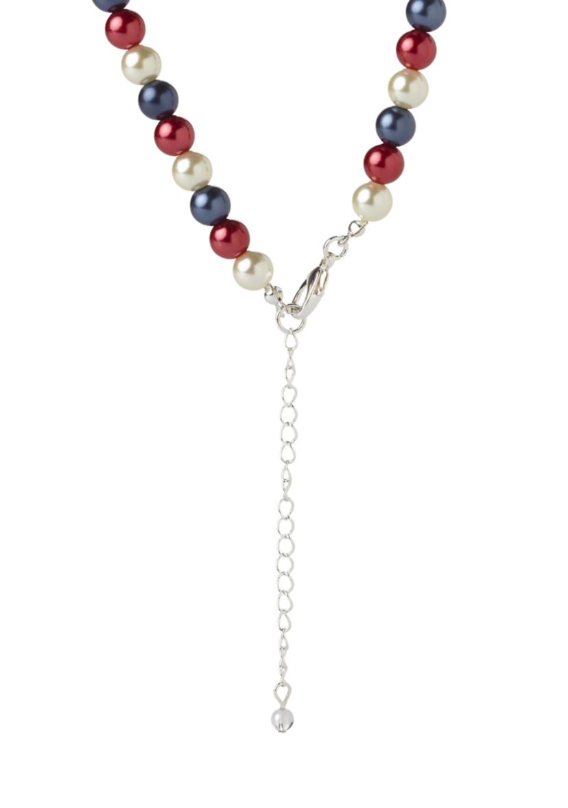 Silver Tone 8 Millimeter Red White Blue Pearl Stud and Collar Necklace and Earrings Set