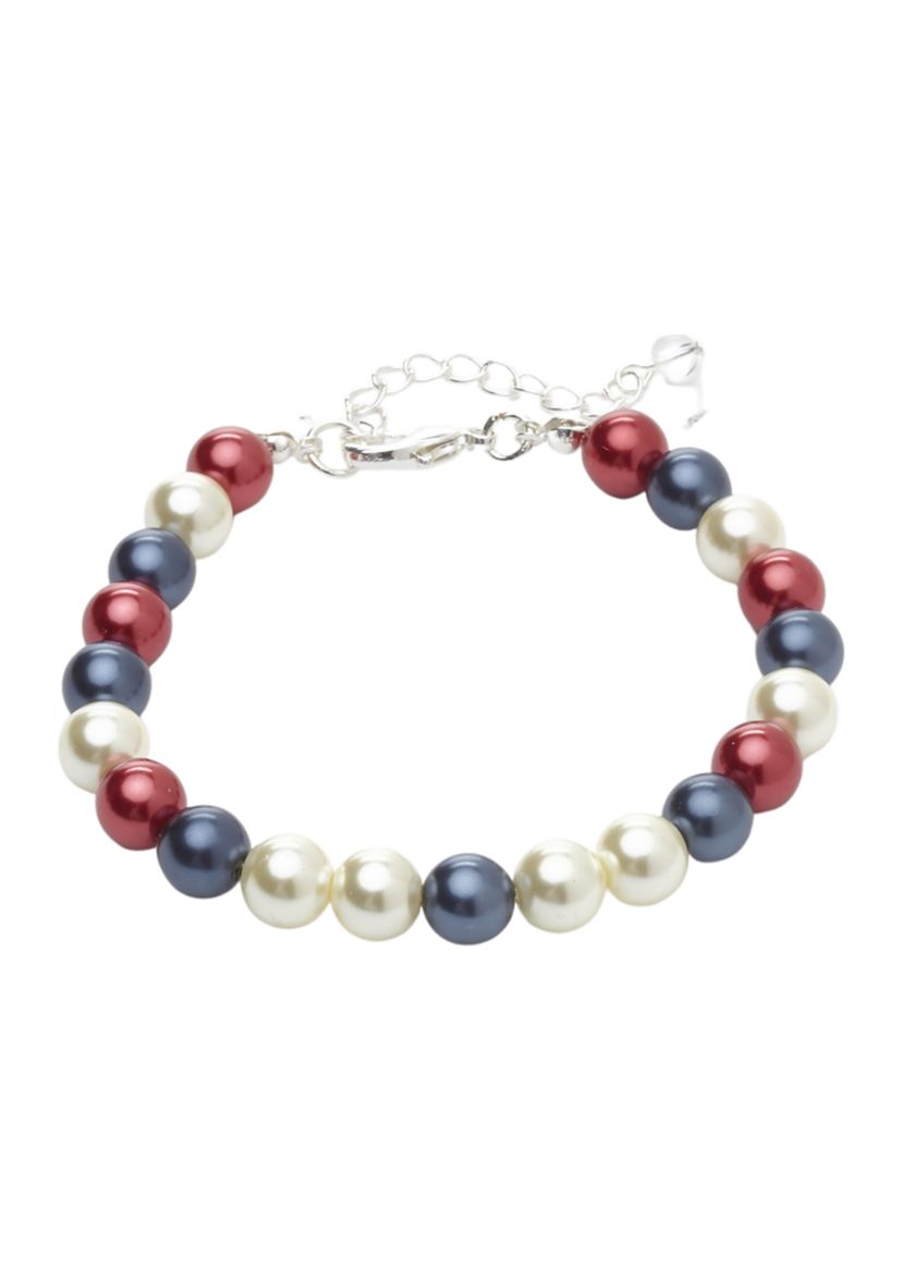 Silver Tone 8 Millimeter Red White Blue Pearl Stud and Collar Necklace and Earrings Set