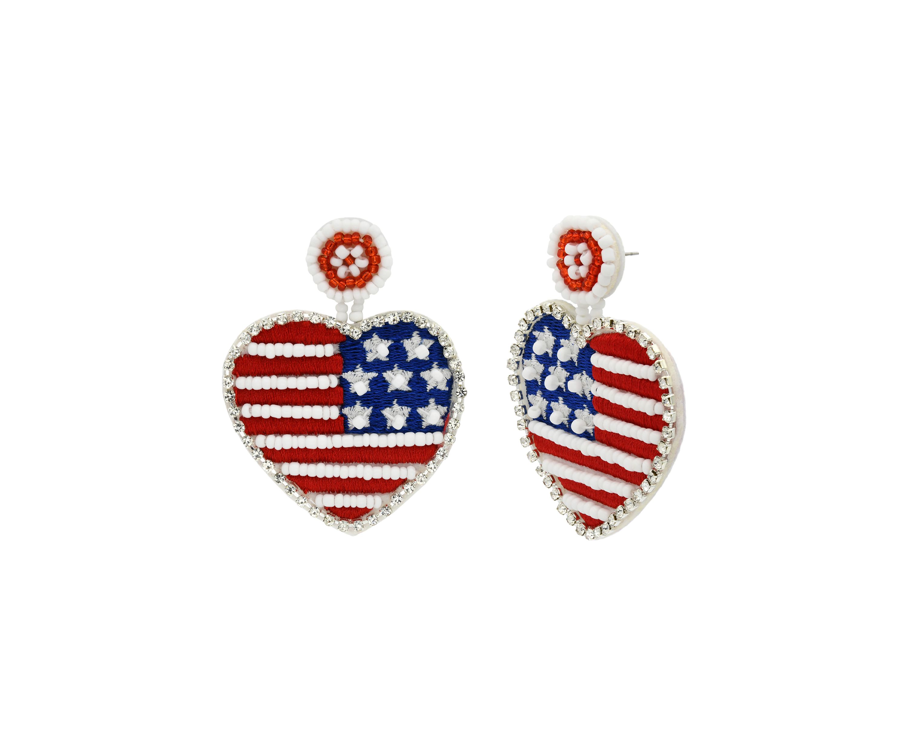 American Flag Heart Drop Beaded Earrings