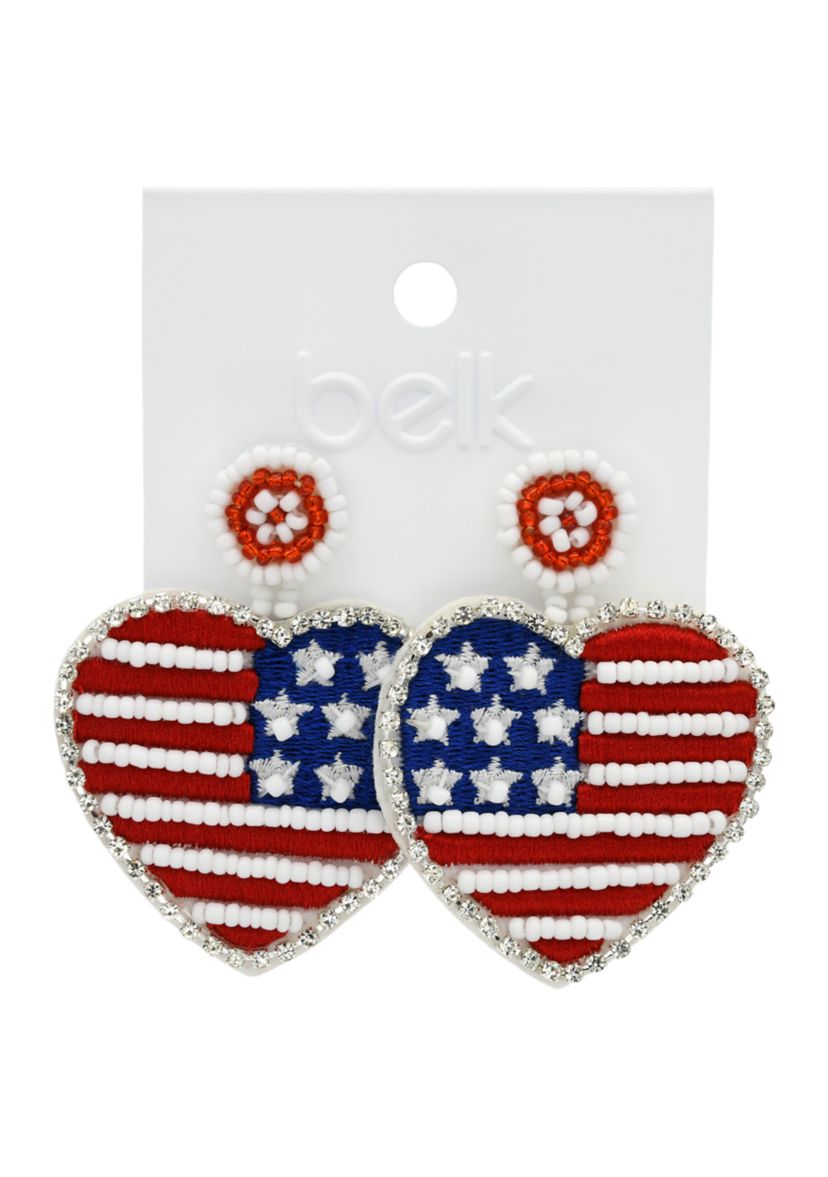 American Flag Heart Drop Beaded Earrings