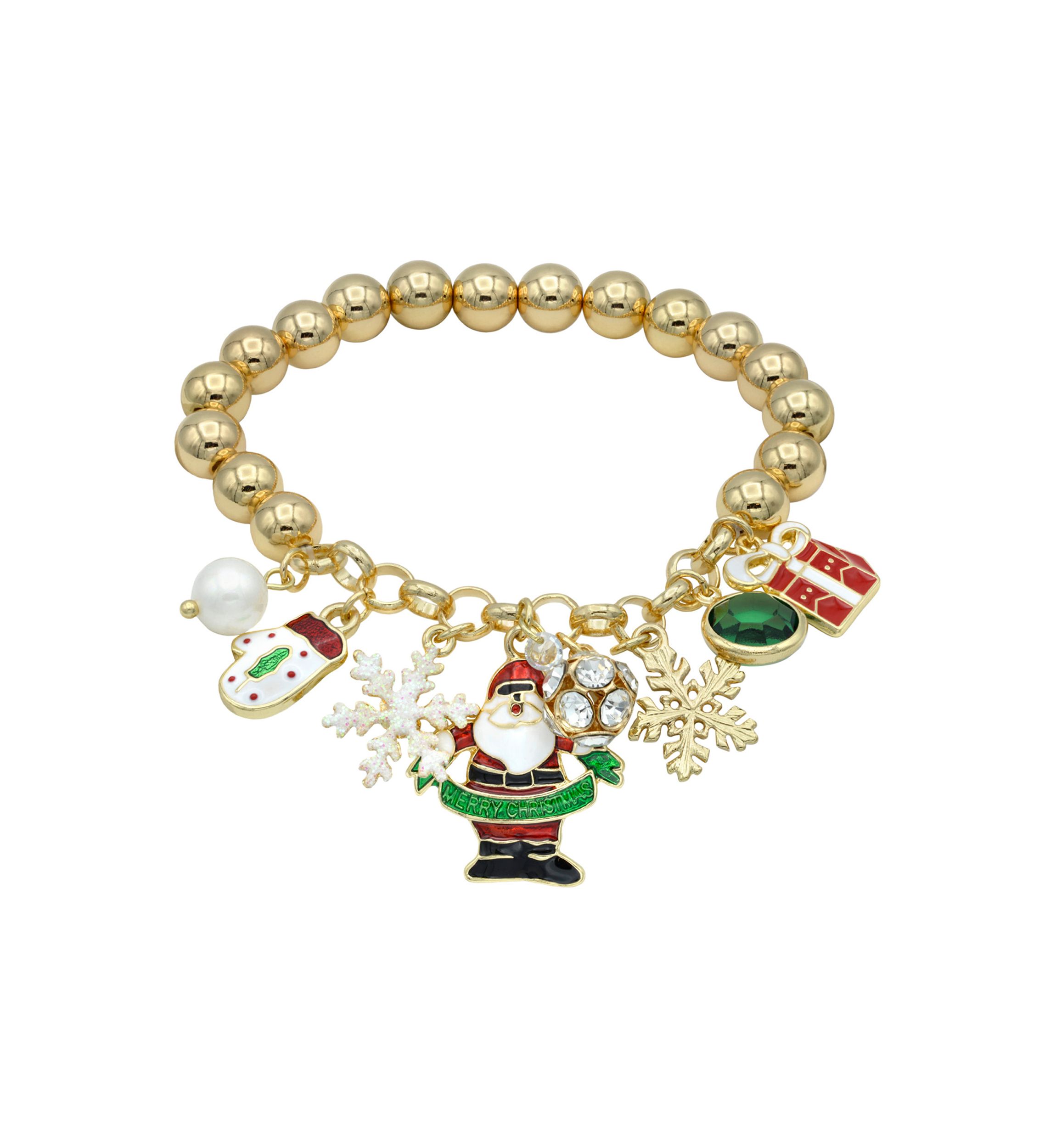Multi Holiday Charms Gold Tone Beaded Bracelet