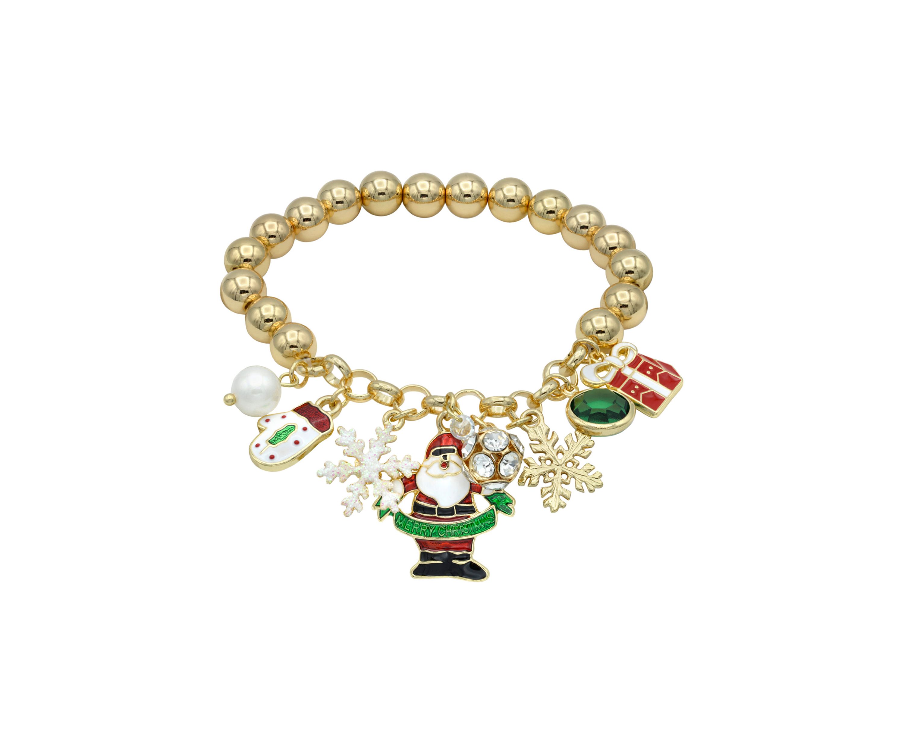 Multi Holiday Charms Gold Tone Beaded Bracelet