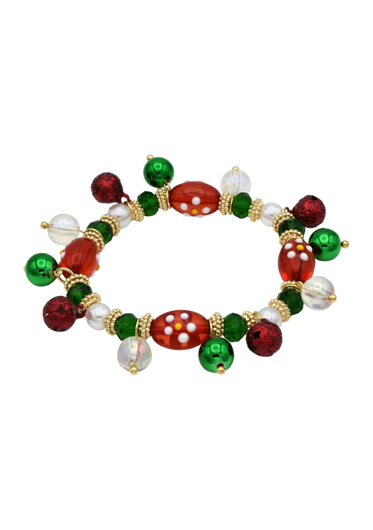 Gold Tone Red Green White Glass Bead Holiday Bracelet