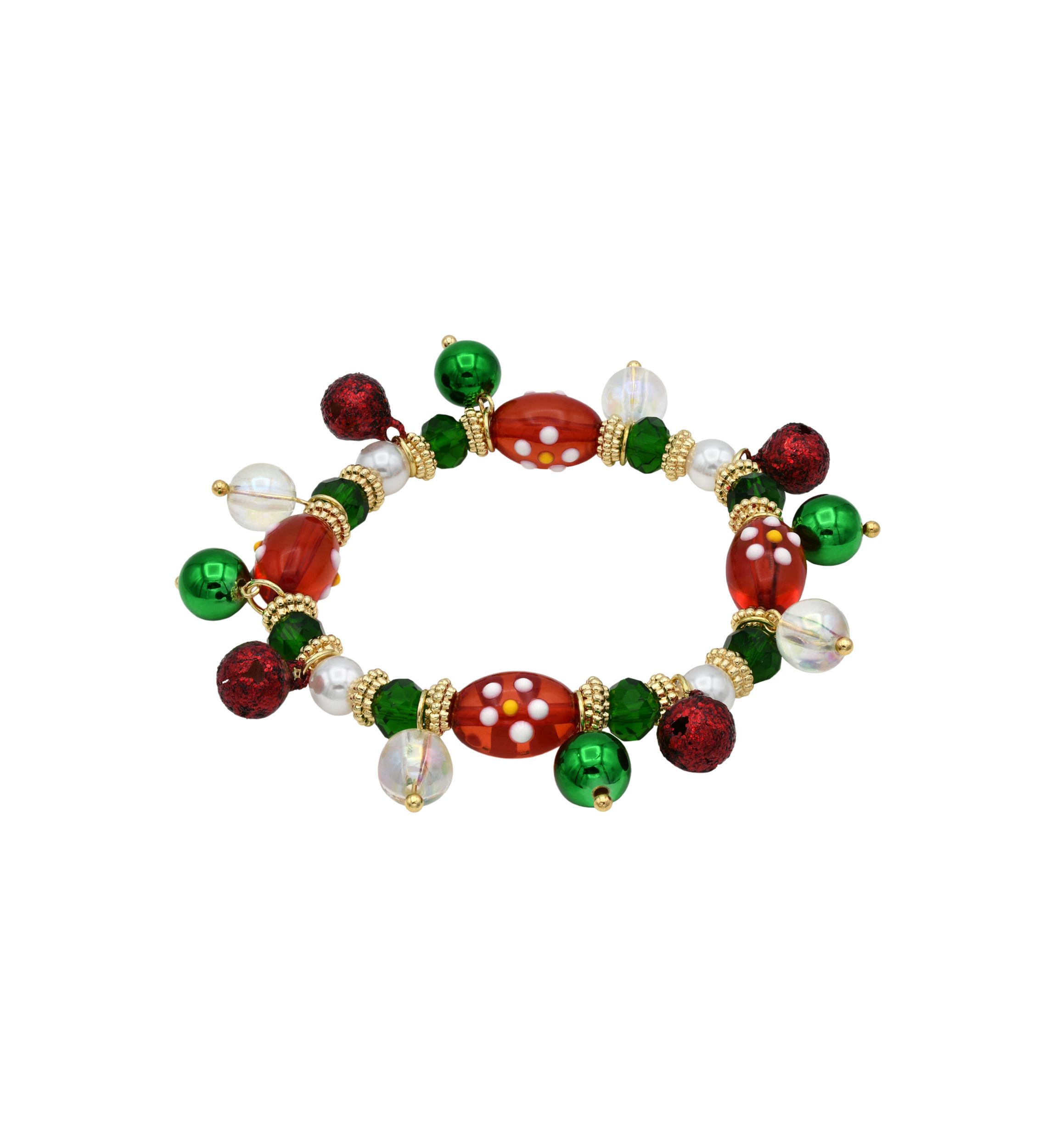 Gold Tone Red Green White Glass Bead Holiday Bracelet