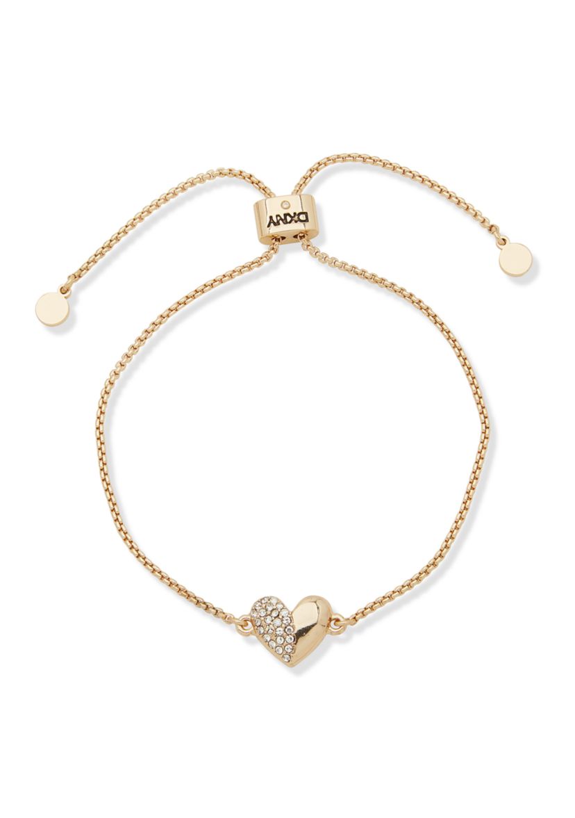 Gold Tone White Crystal Heart Slider Bracelet