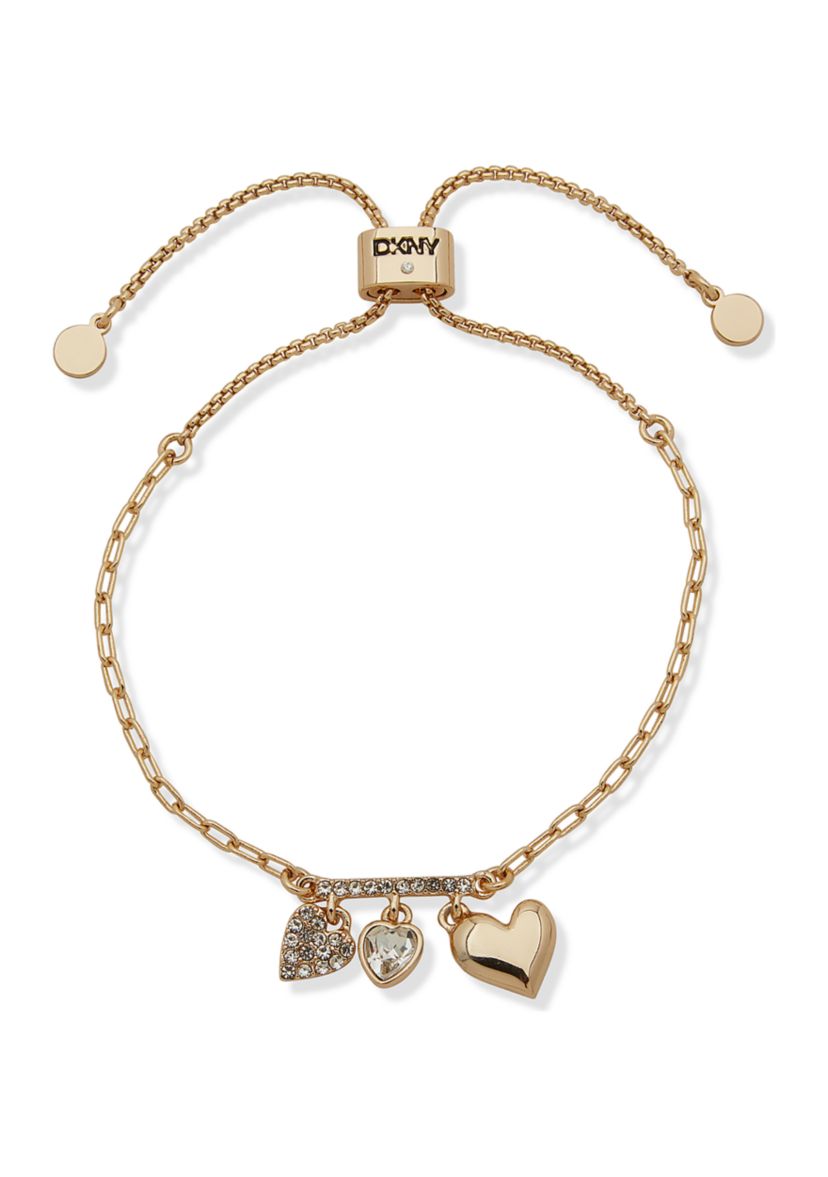 Gold Tone Crystal White Heart Charm Slider Bracelet 