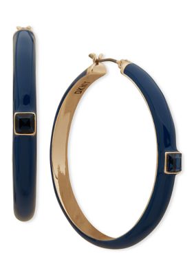 Gold Tone 40 Millimeter Blue Stone Hoop Earrings