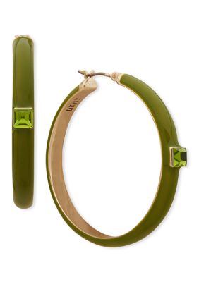 Gold Tone Green Stone Hoop Earrings