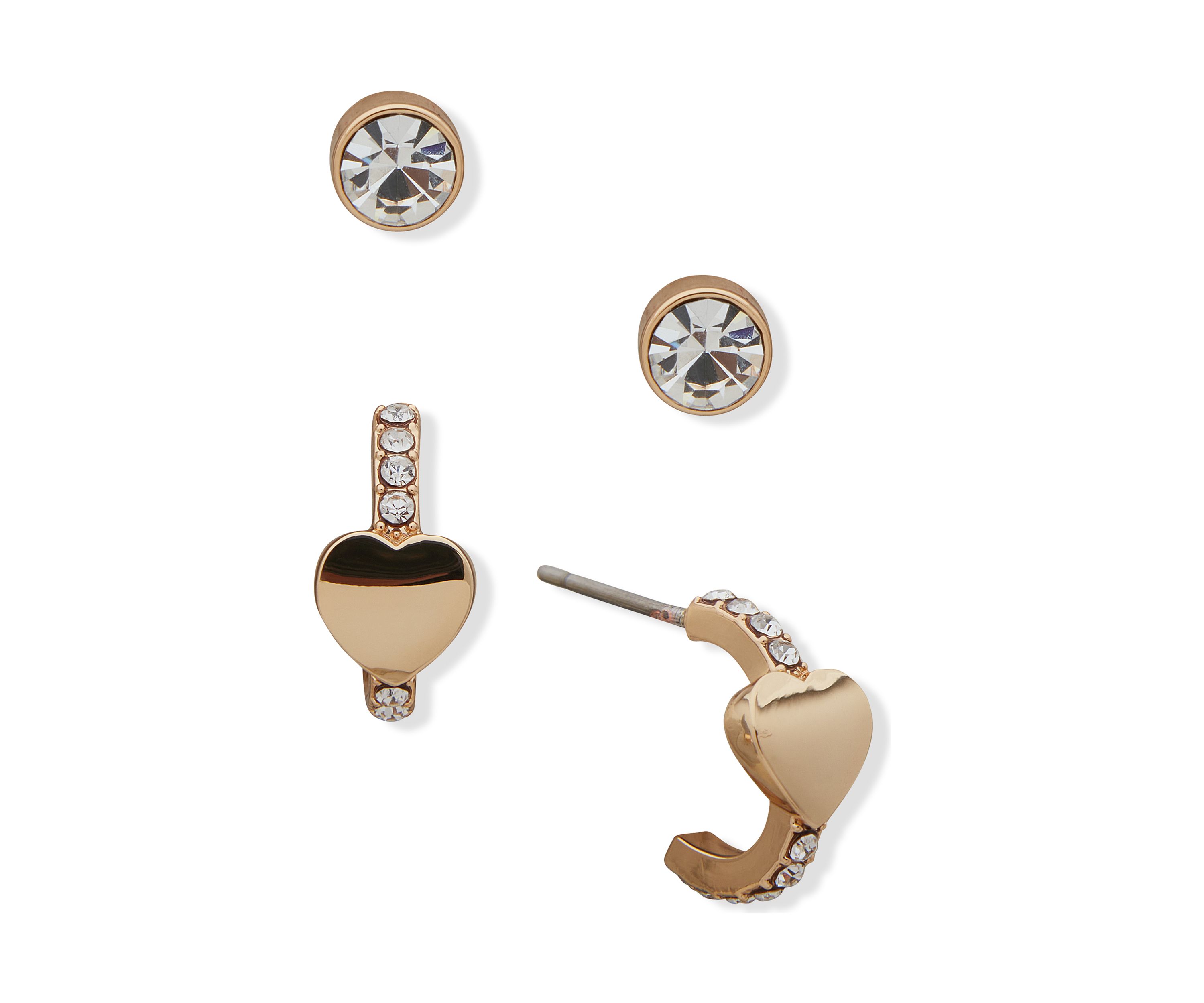 Gold Tone Crystal Pavé Heart and Stud Earrings