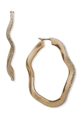 Gold Tone 50 Millimeter Crystal Wavy Pavé Hoop Earrings