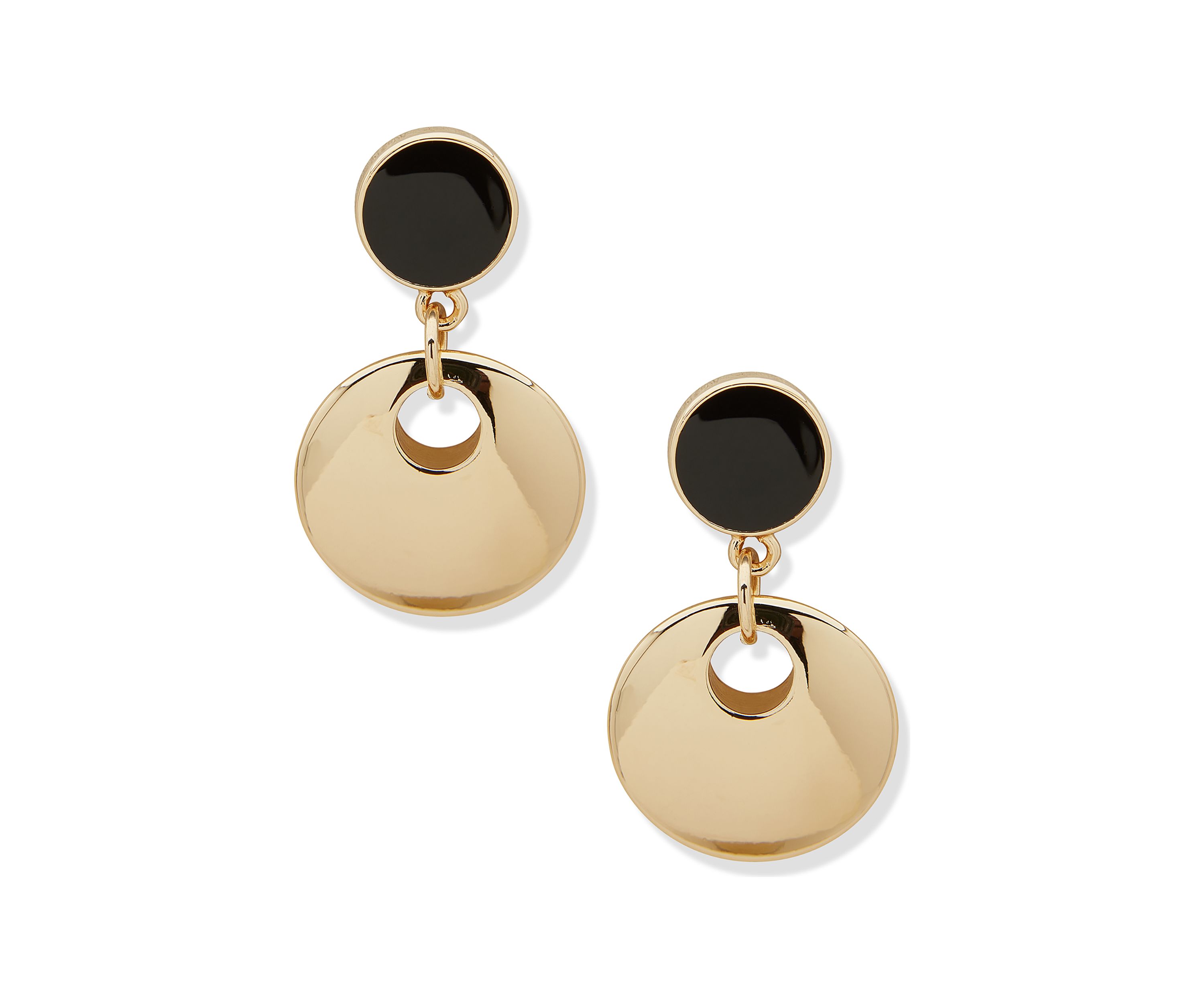 Gold Tone Black Enamel Disc Drop Earrings