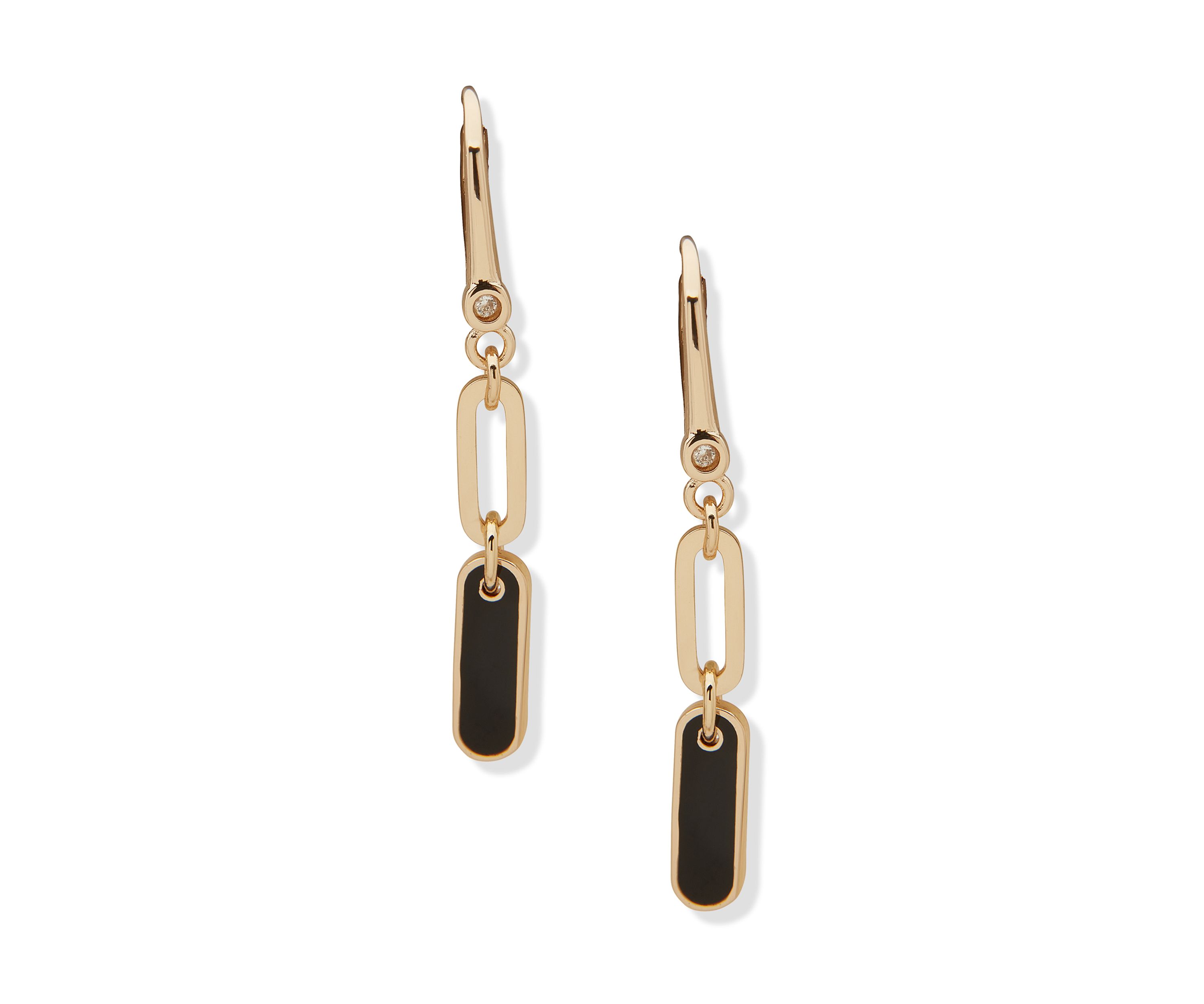 Gold Tone Jet Enamel Link Double Drop Earrings
