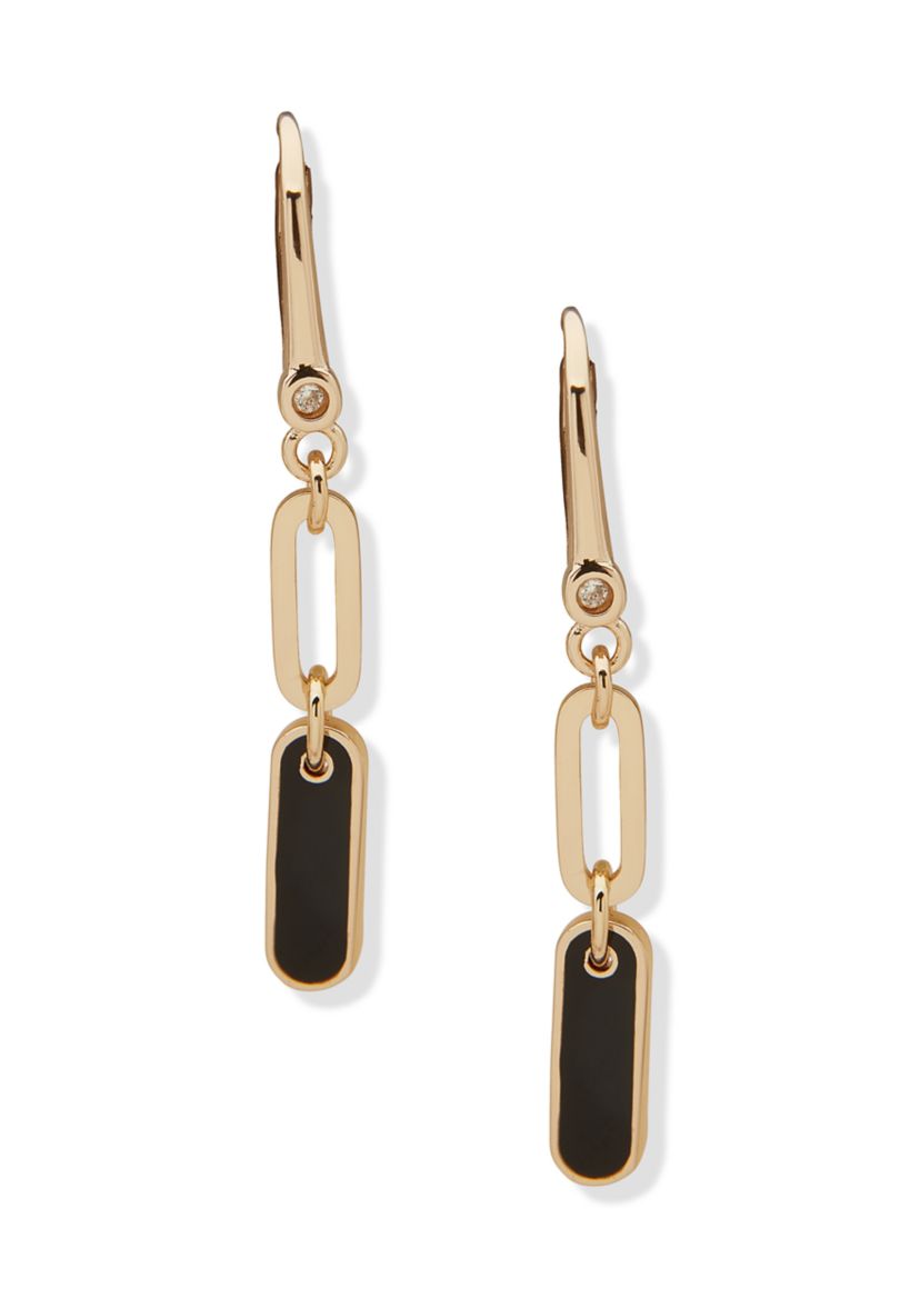 Gold Tone Jet Enamel Link Double Drop Earrings