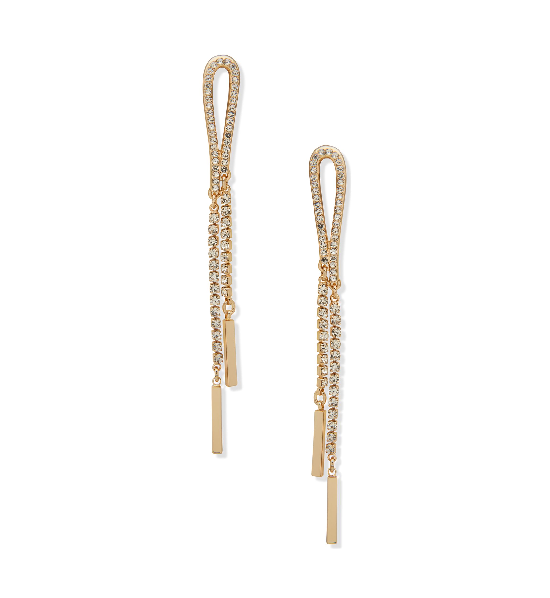 Gold Tone White Crystal Looped Pavé Linear Earrings