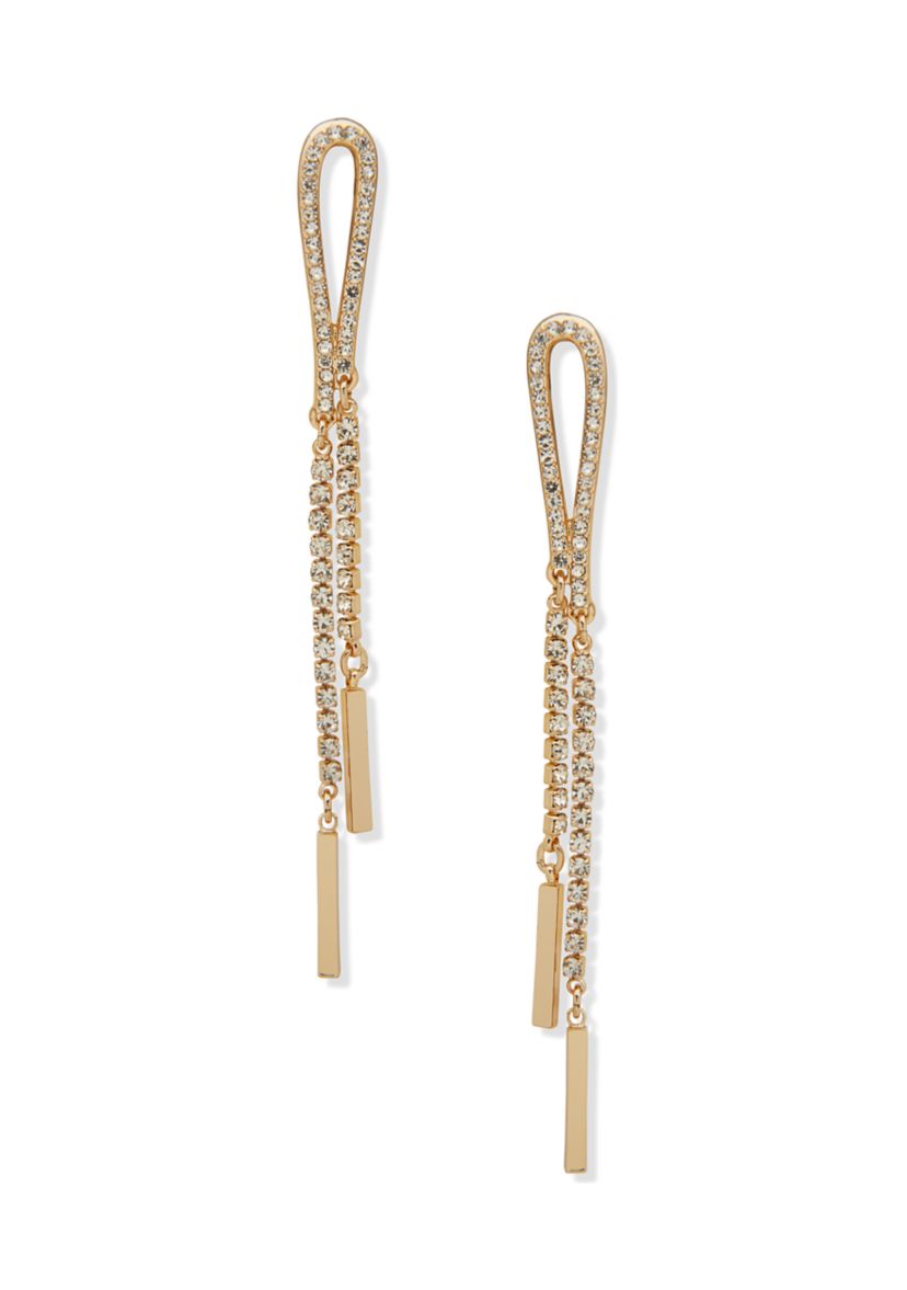 Gold Tone White Crystal Looped Pavé Linear Earrings