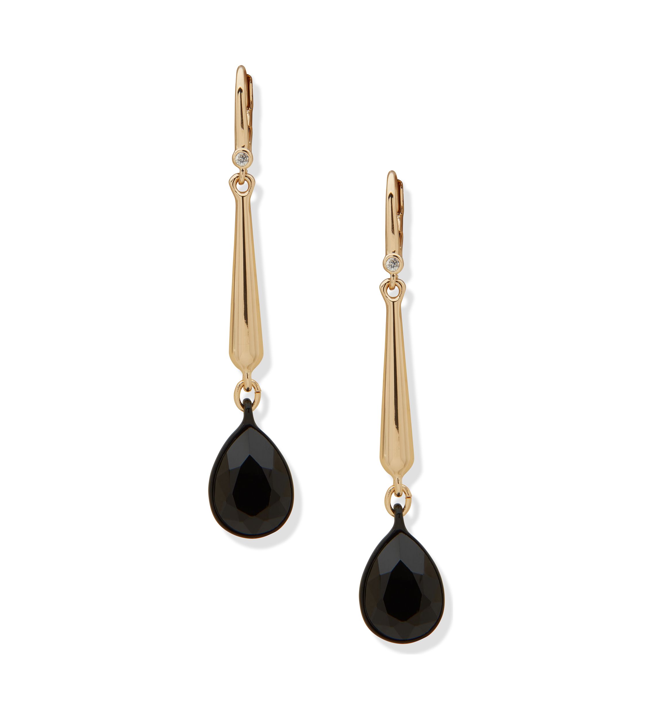 Gold Tone Jet Teardrop Linear Earrings