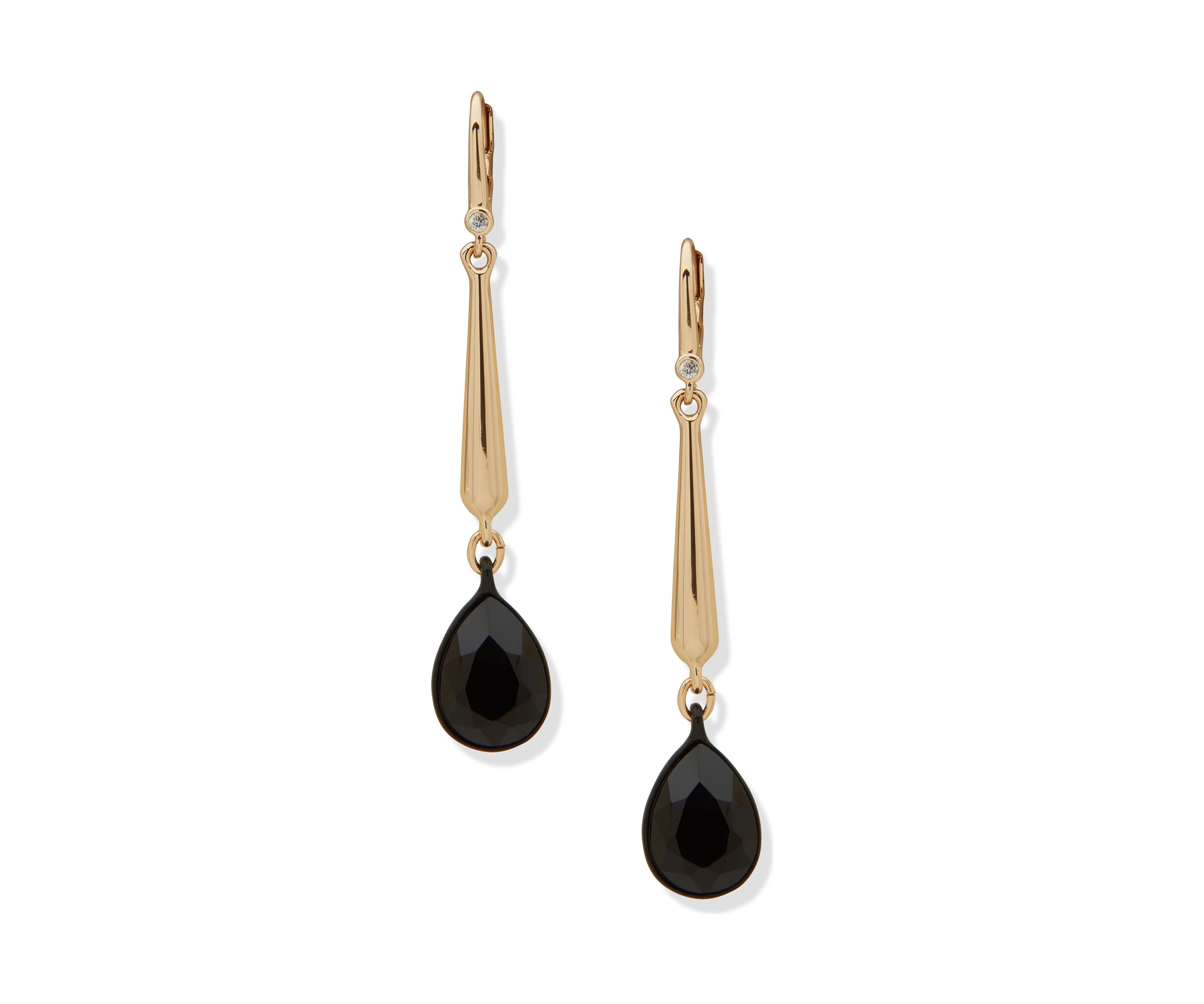 Gold Tone Jet Teardrop Linear Earrings