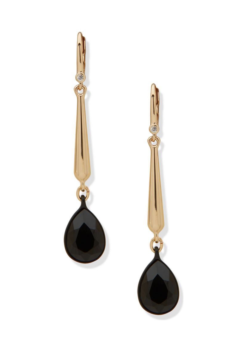 Gold Tone Jet Teardrop Linear Earrings