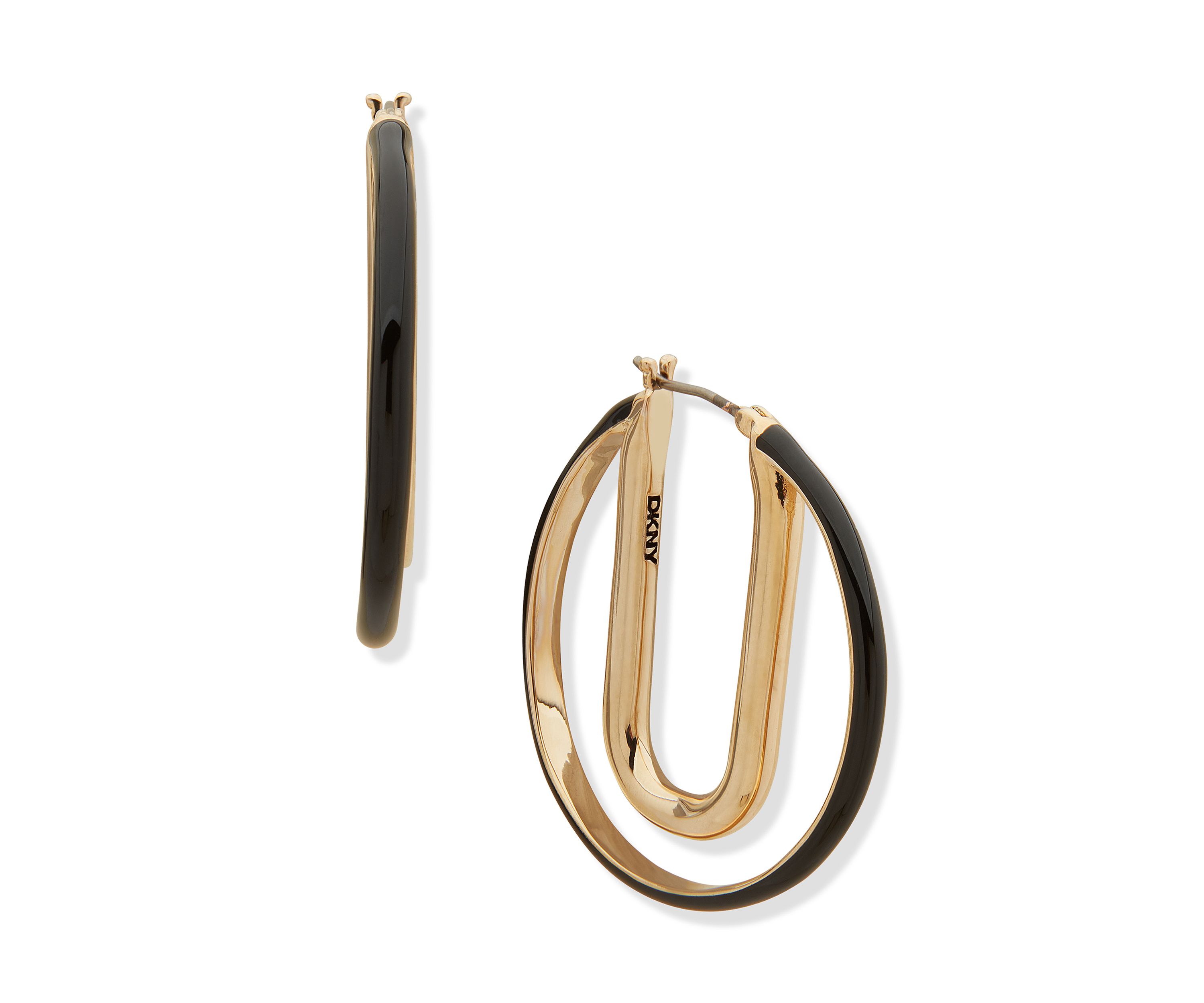 Gold Tone Jet 35 Millimeter Enamel Double Hoop Earrings