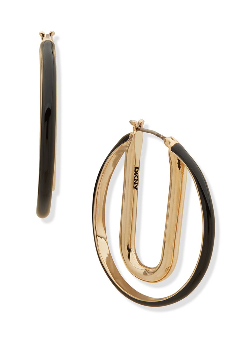 Gold Tone Jet 35 Millimeter Enamel Double Hoop Earrings