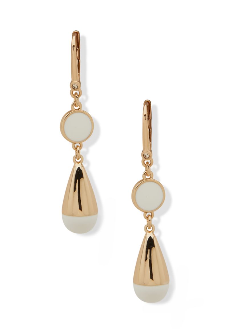 Gold Tone  White Enamel Double Drop Earrings
