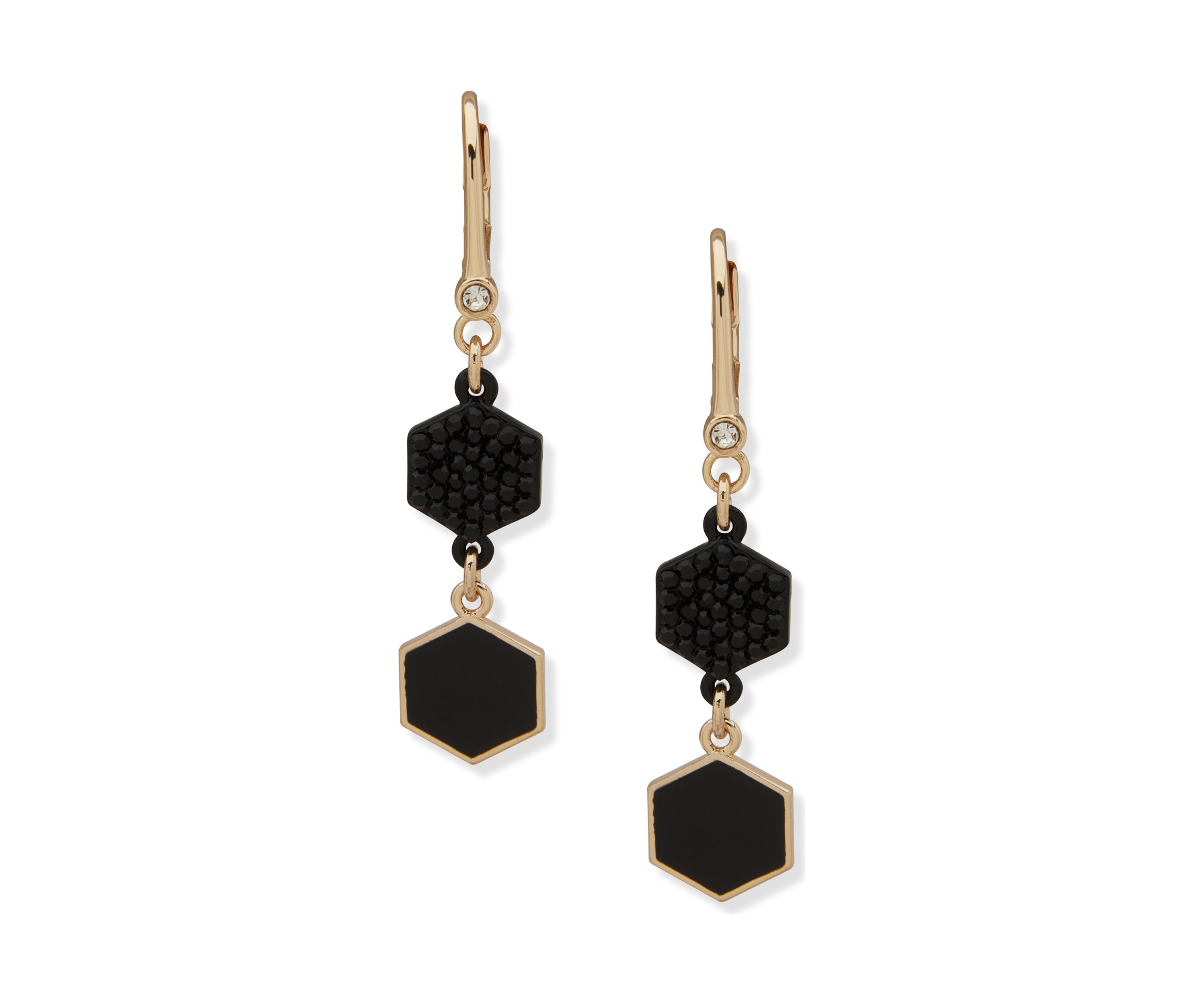 Gold Tone Jet Pave Enamel Double Drop Earrings