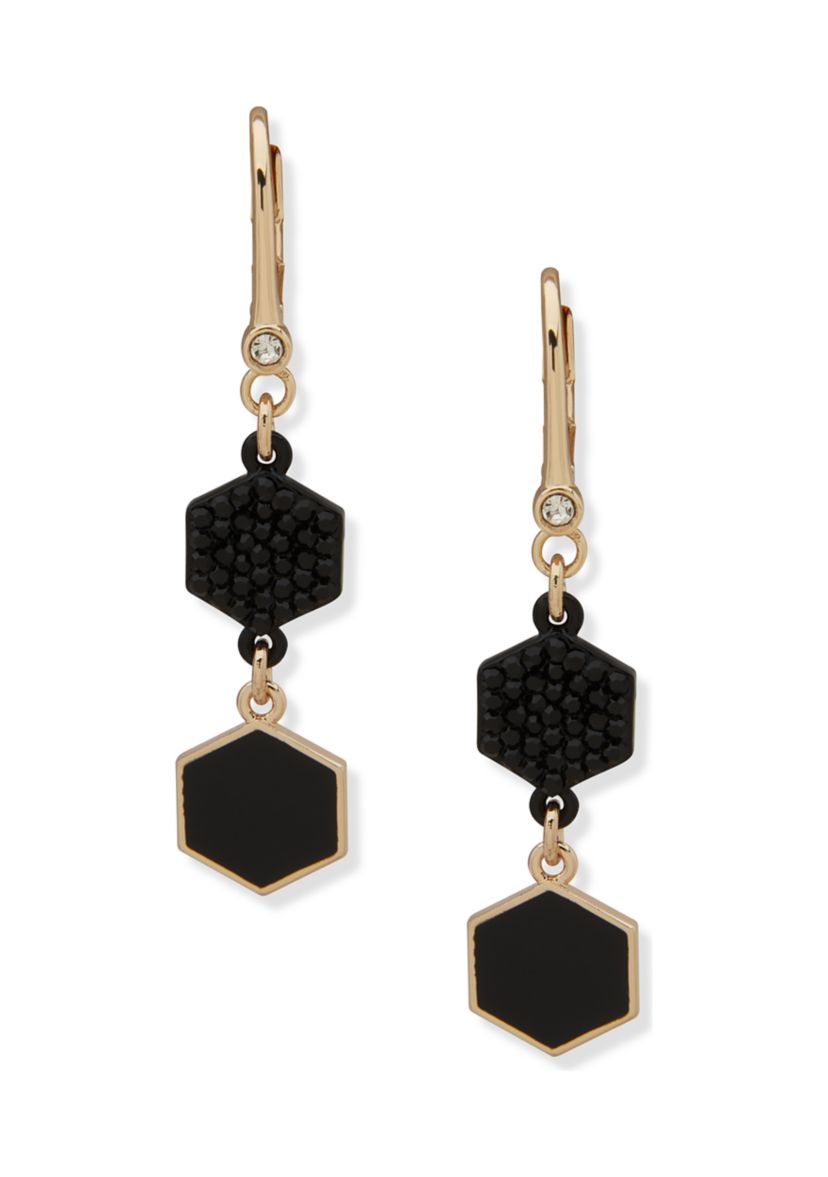 Gold Tone Jet Pave Enamel Double Drop Earrings