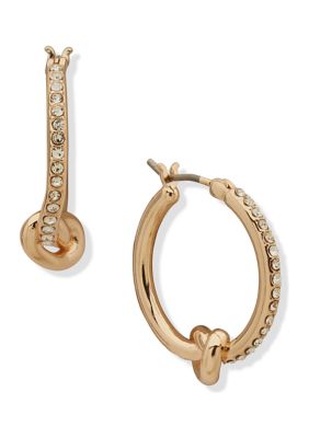 DKNY Gold Tone Crystal White Knot Hoop Earrings