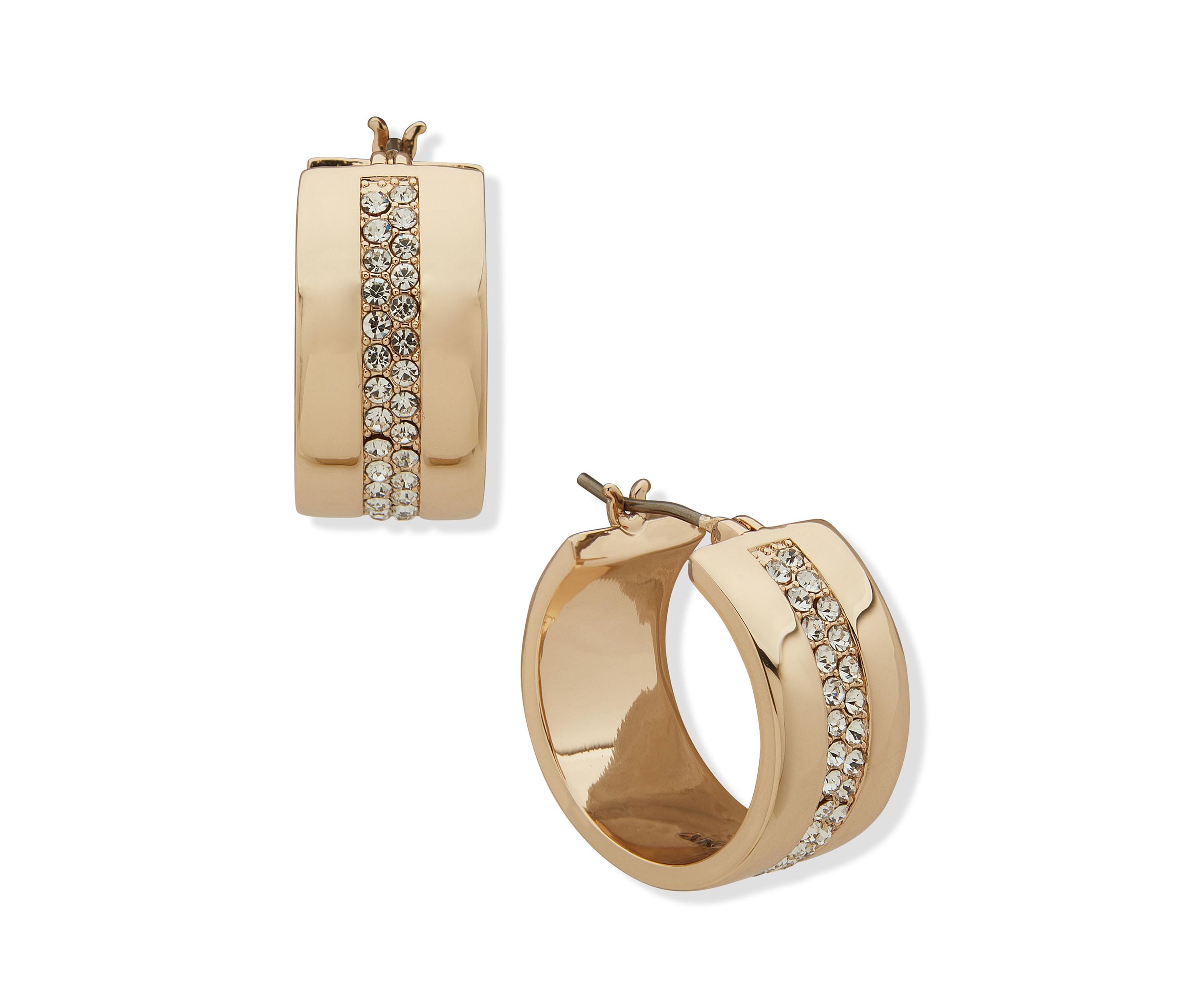 Gold Tone Crystal 20 Millimeter Pavé Wide Hoop Earrings