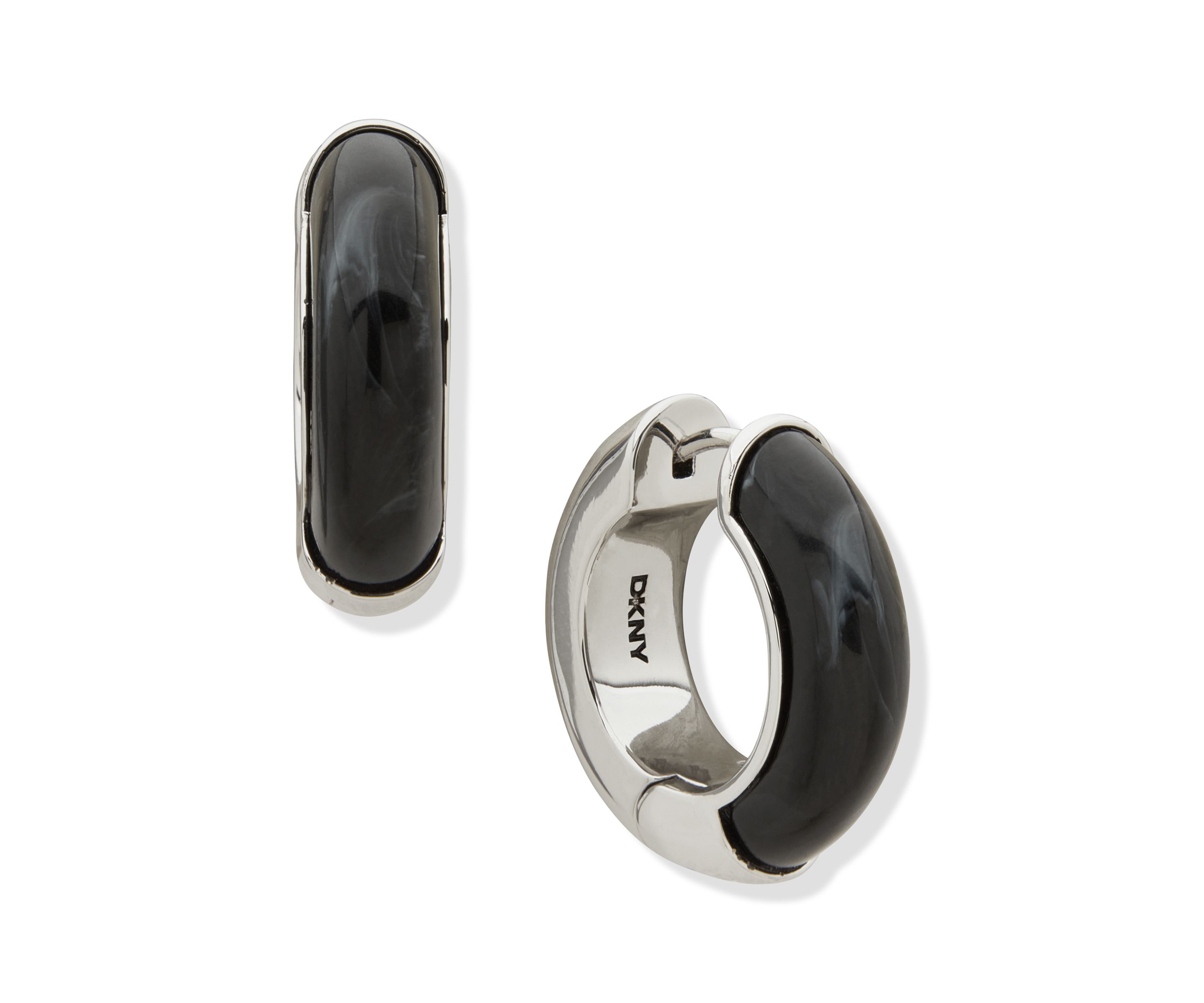 Silver Tone Jet Half Resin Hoop Earrings