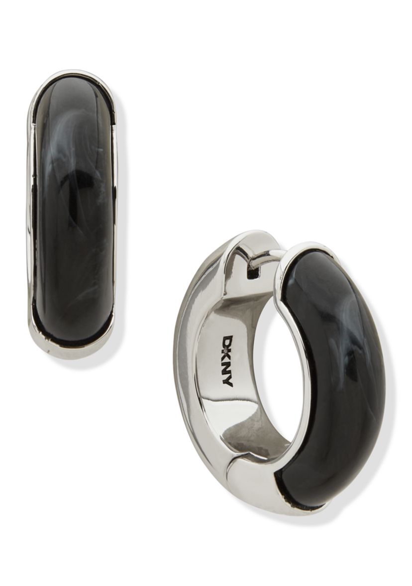 Silver Tone Jet Half Resin Hoop Earrings