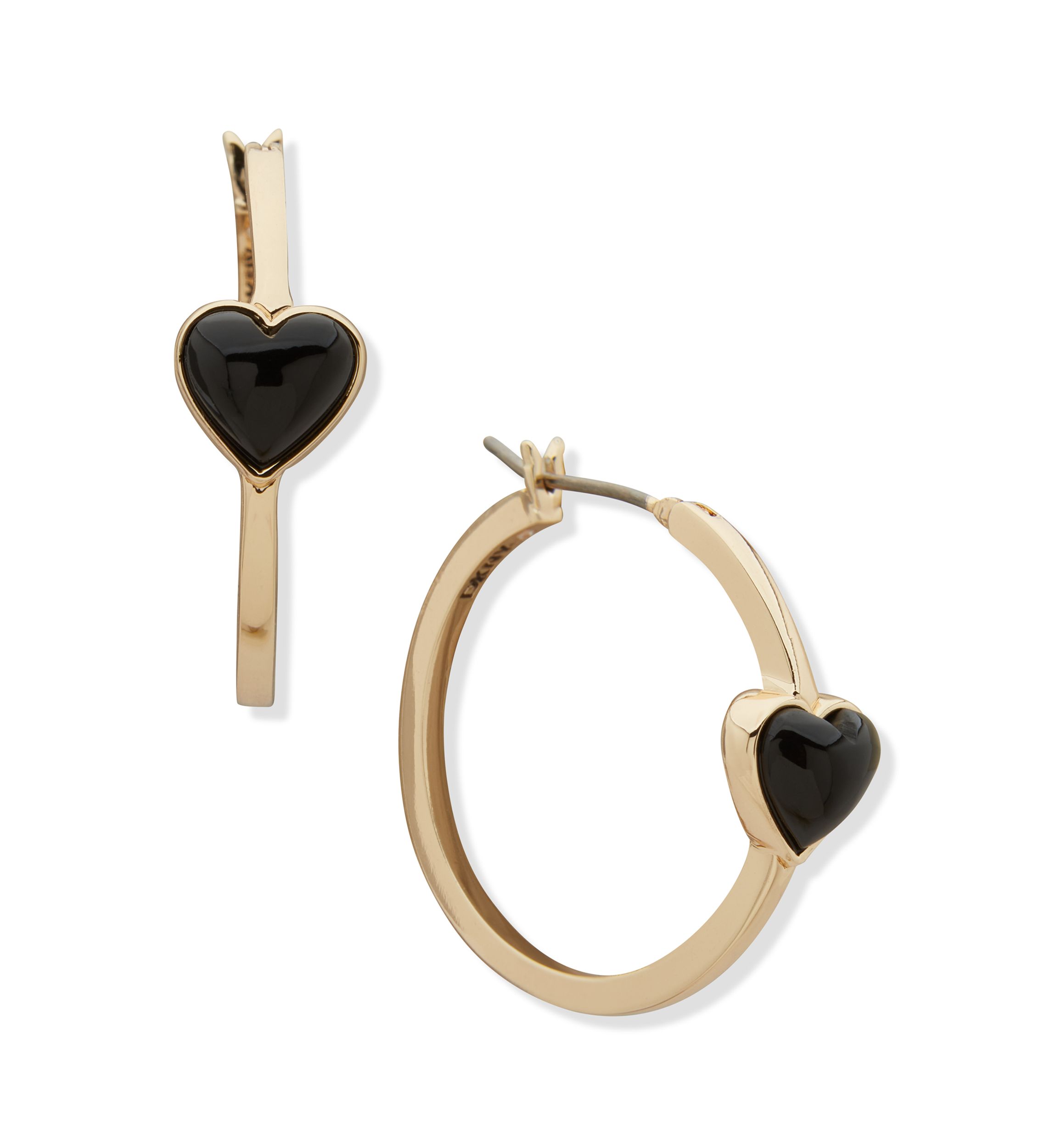 Gold Tone Jet Heart Hoop Earrings