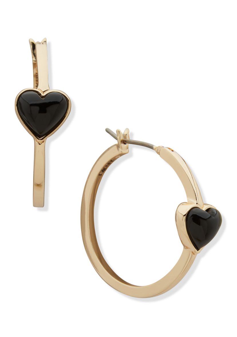 Gold Tone Jet Heart Hoop Earrings
