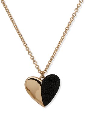 Gold Tone 16'' Black Puffy Heart Pendant Necklace