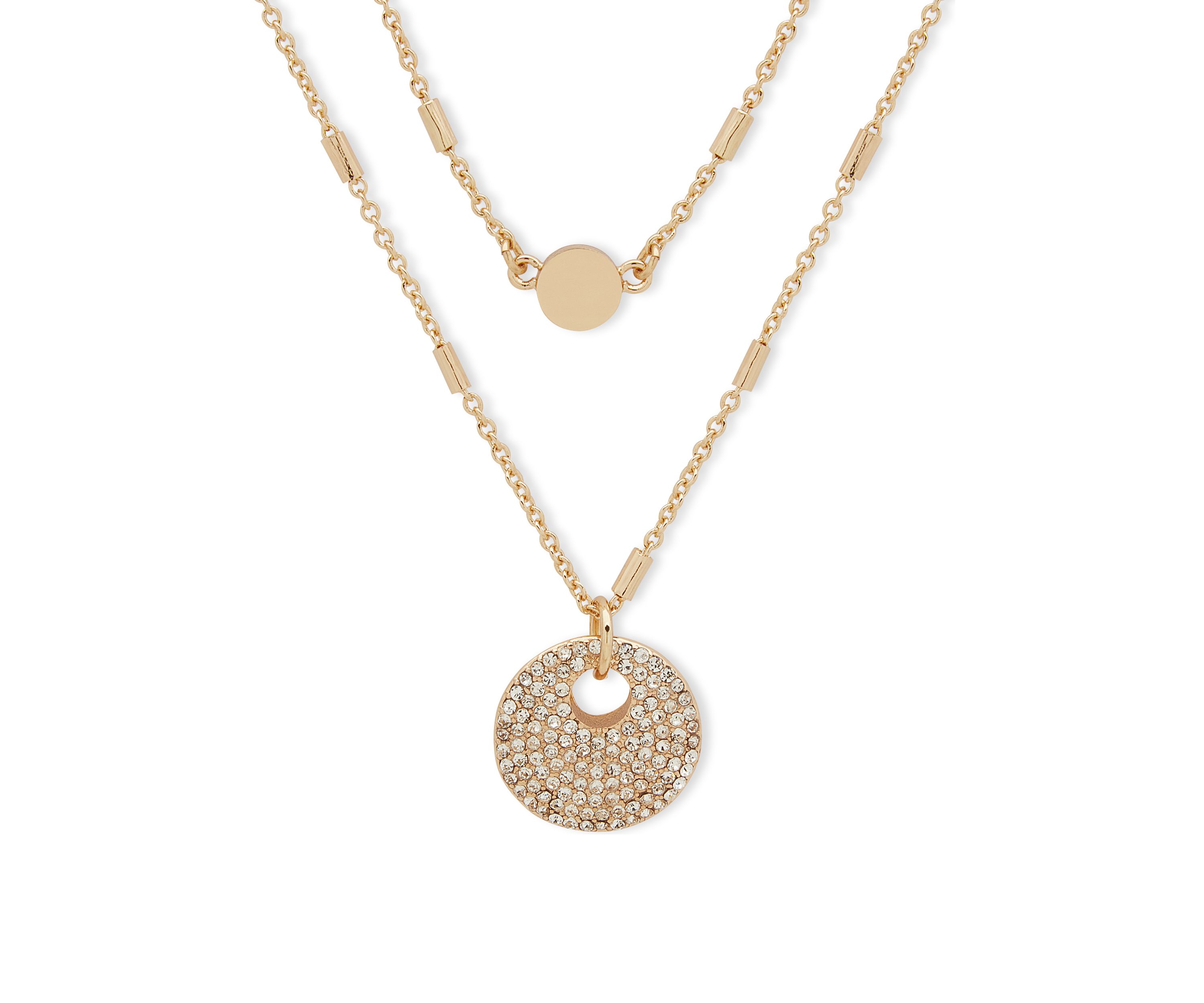 Gold Tone Crystal White 2 Row Pendant Necklace