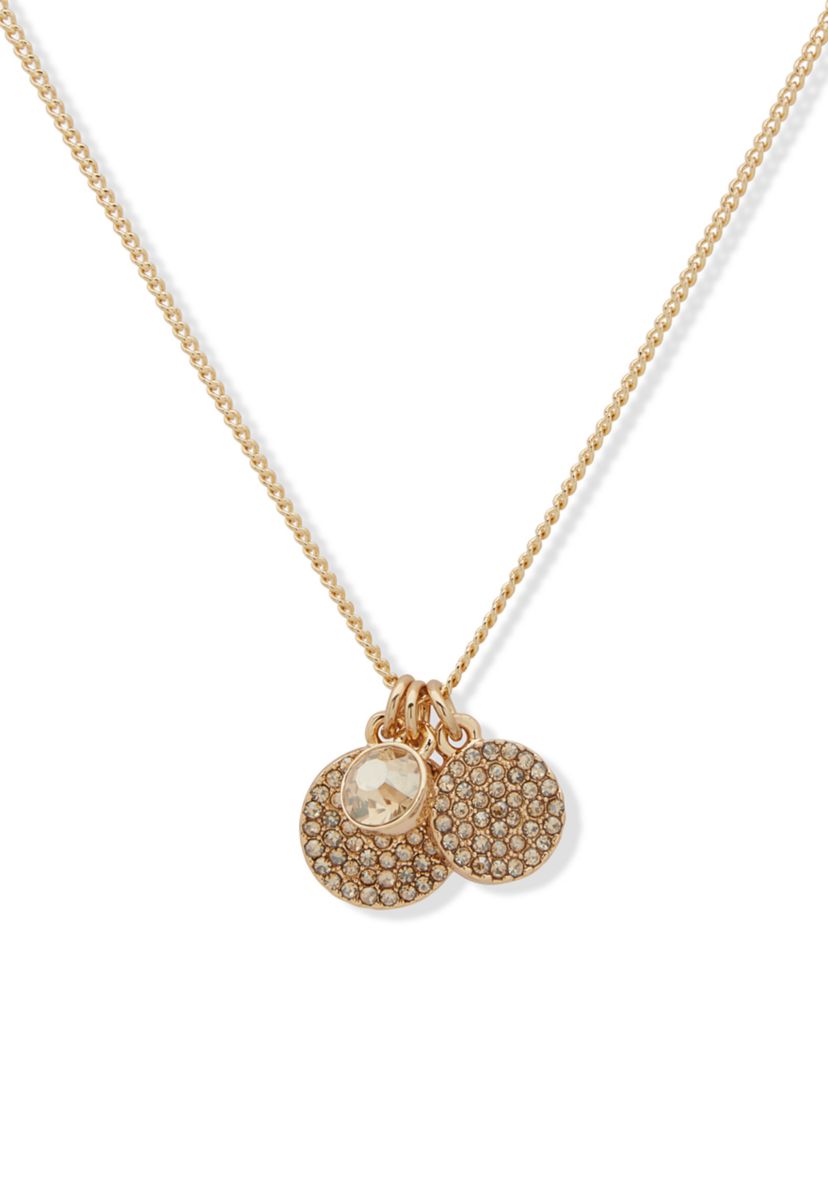 Gold Tone Stone Shaky Pave Disc Pendant Necklace