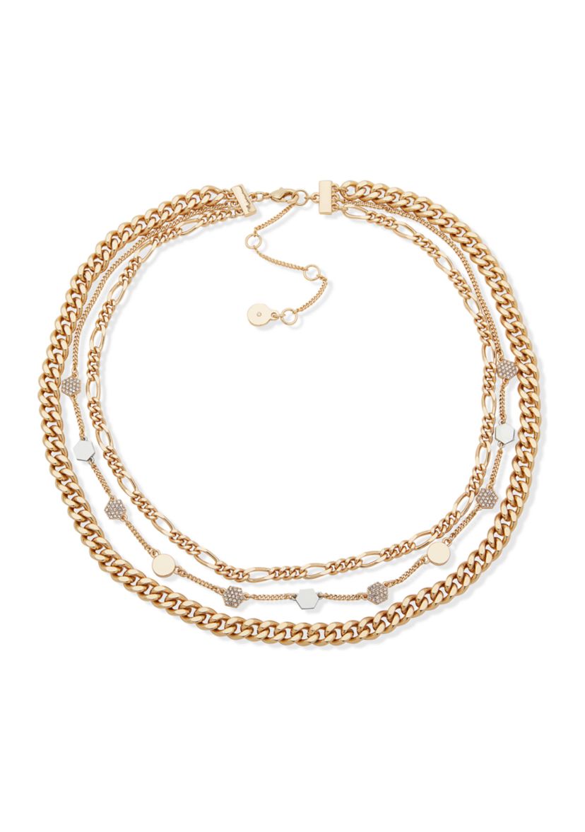 Tri Tone Crystal Pavé Hex Multirow Necklace