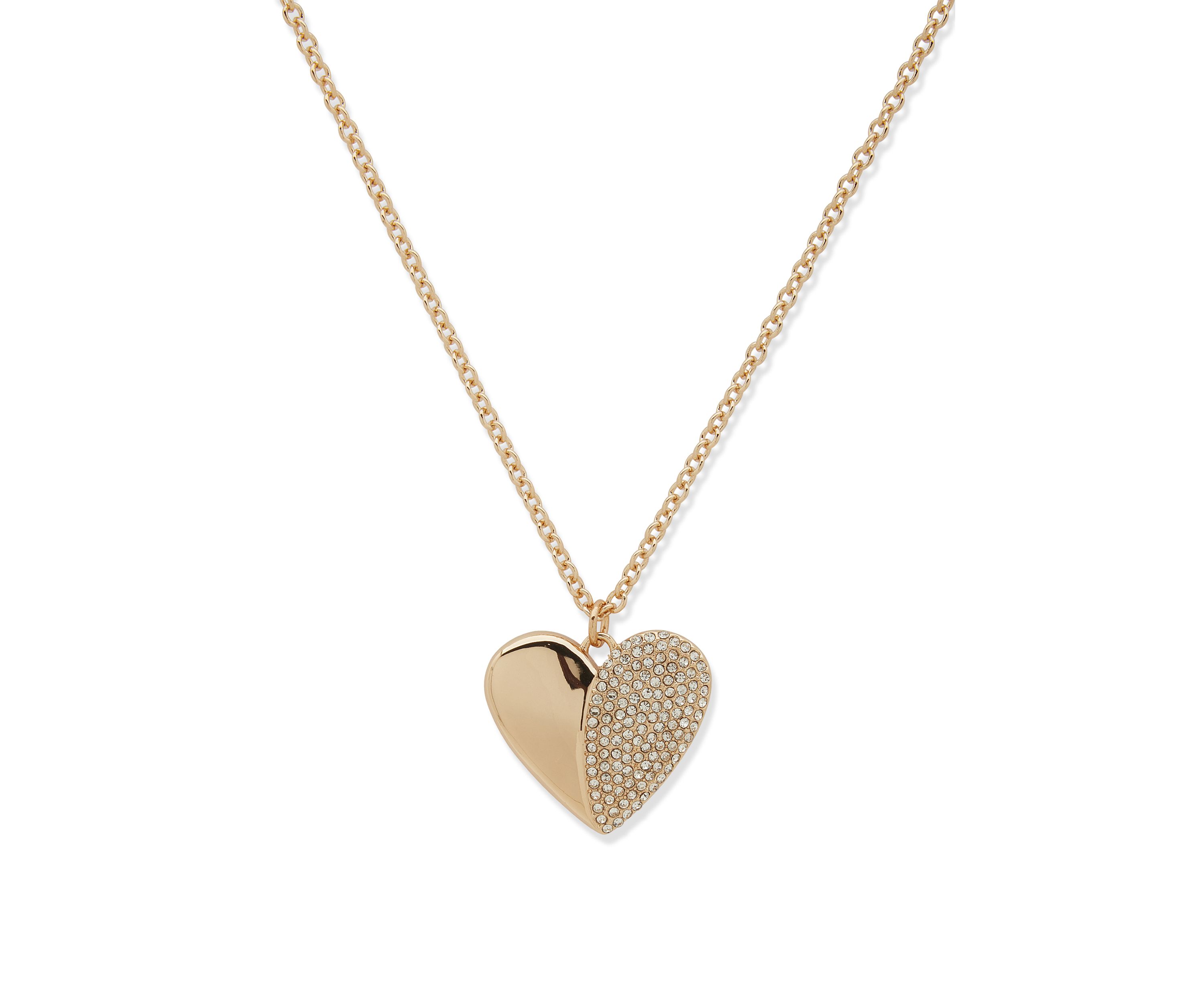 Gold Tone White Crystal Puffy Heart Pendant Necklace