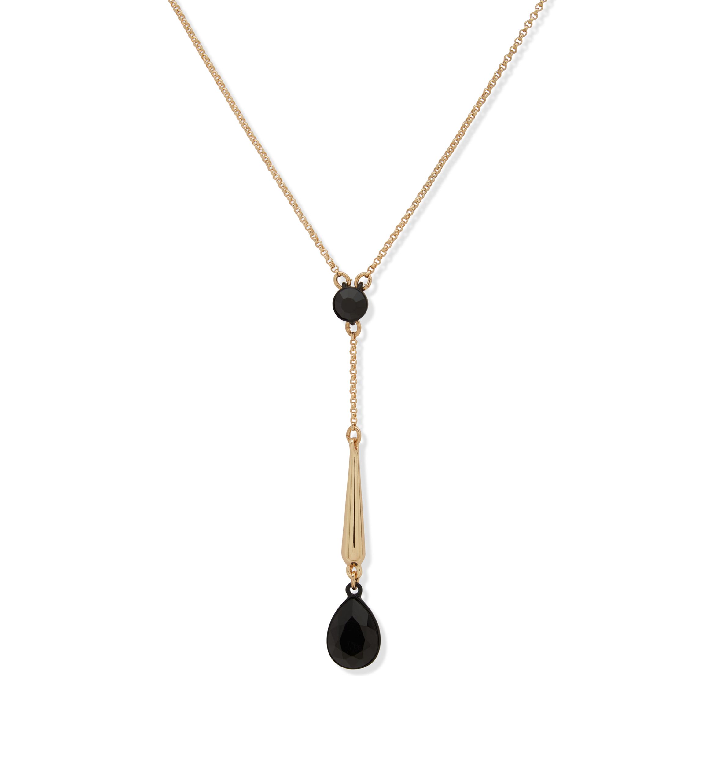 Gold Tone Jet Teardrop Y Necklace