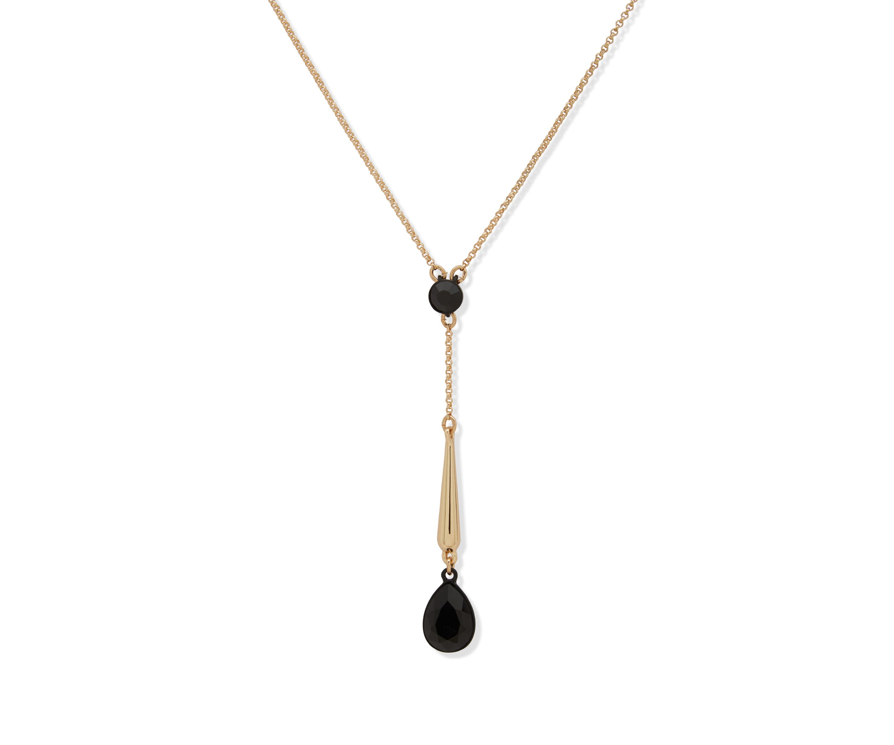 Gold Tone Jet Teardrop Y Necklace