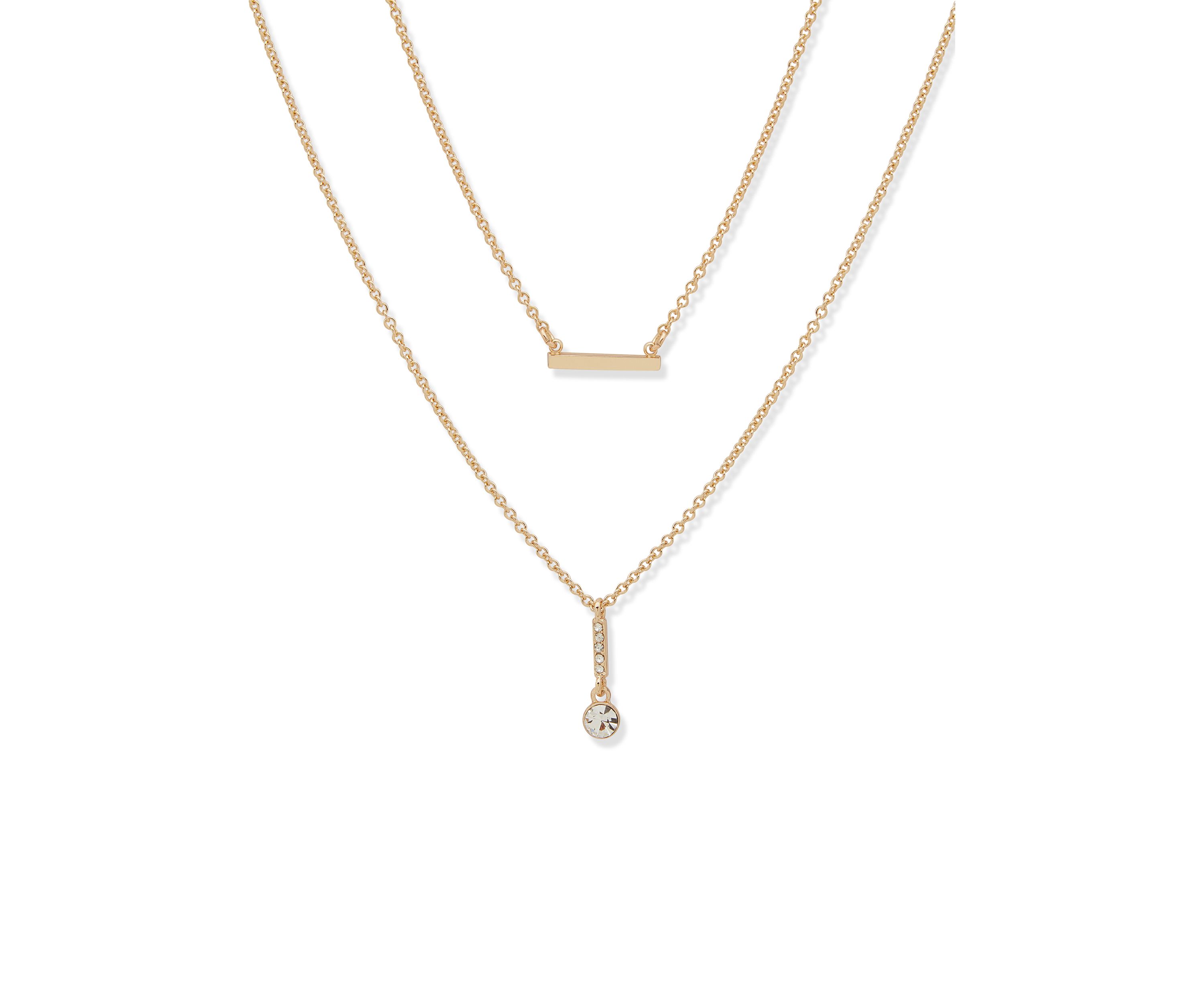 Gold Tone White Crystal 2 Row Pendant Necklace