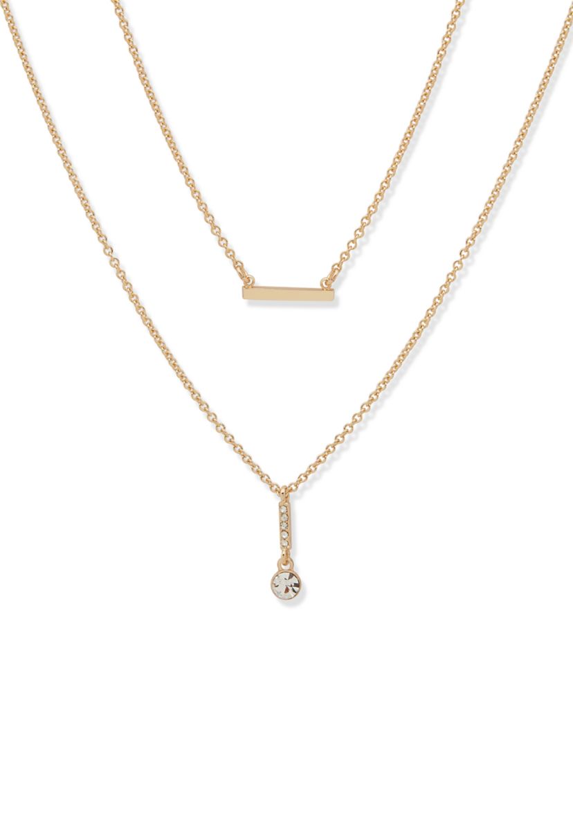 Gold Tone White Crystal 2 Row Pendant Necklace